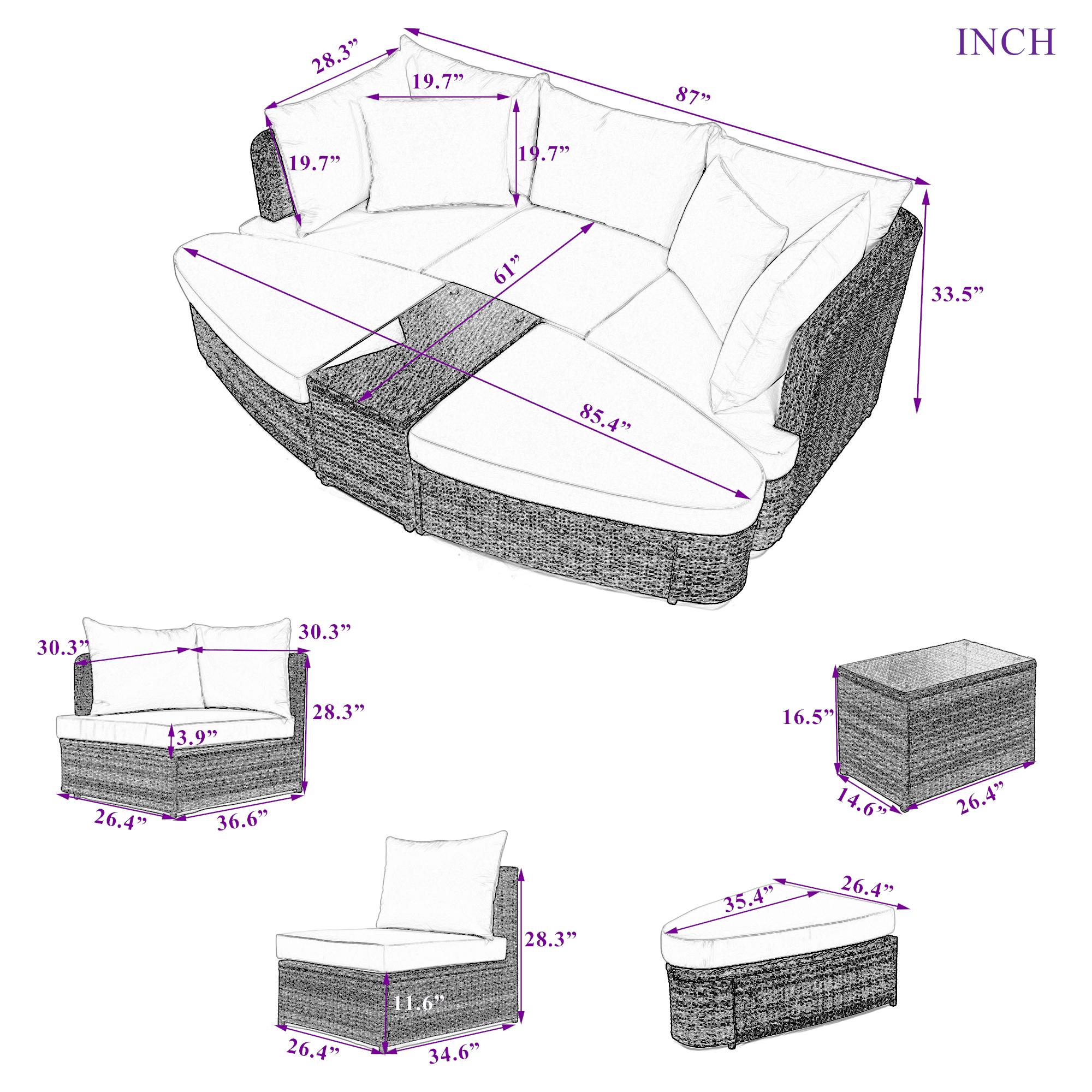 Bayfeve 6-Piece Rattan Patio Conversation Set with Off-white Cushions ...