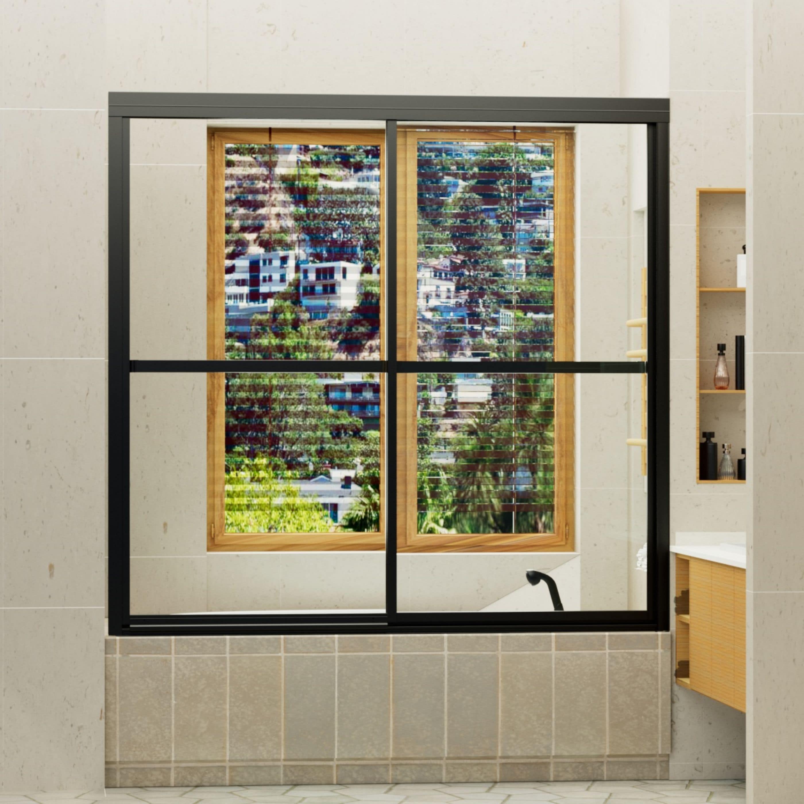 WELLFOR QPZ-TL07W Matte Black 55-in to 59-in W x 56-in H Framed Clear Glass Bypass Sliding Soft Close Bathtub door