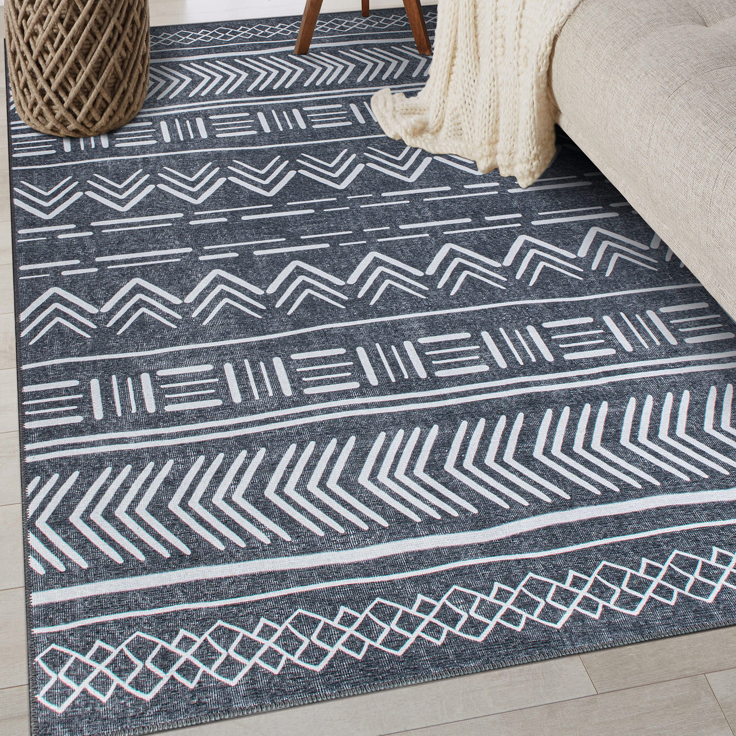 Dark Gray Geometric Flat Woven Machine Washable Area Rug