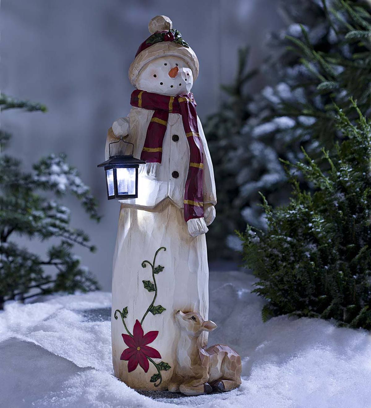 Woodland Snowman with Solar Lantern and Red Scarf