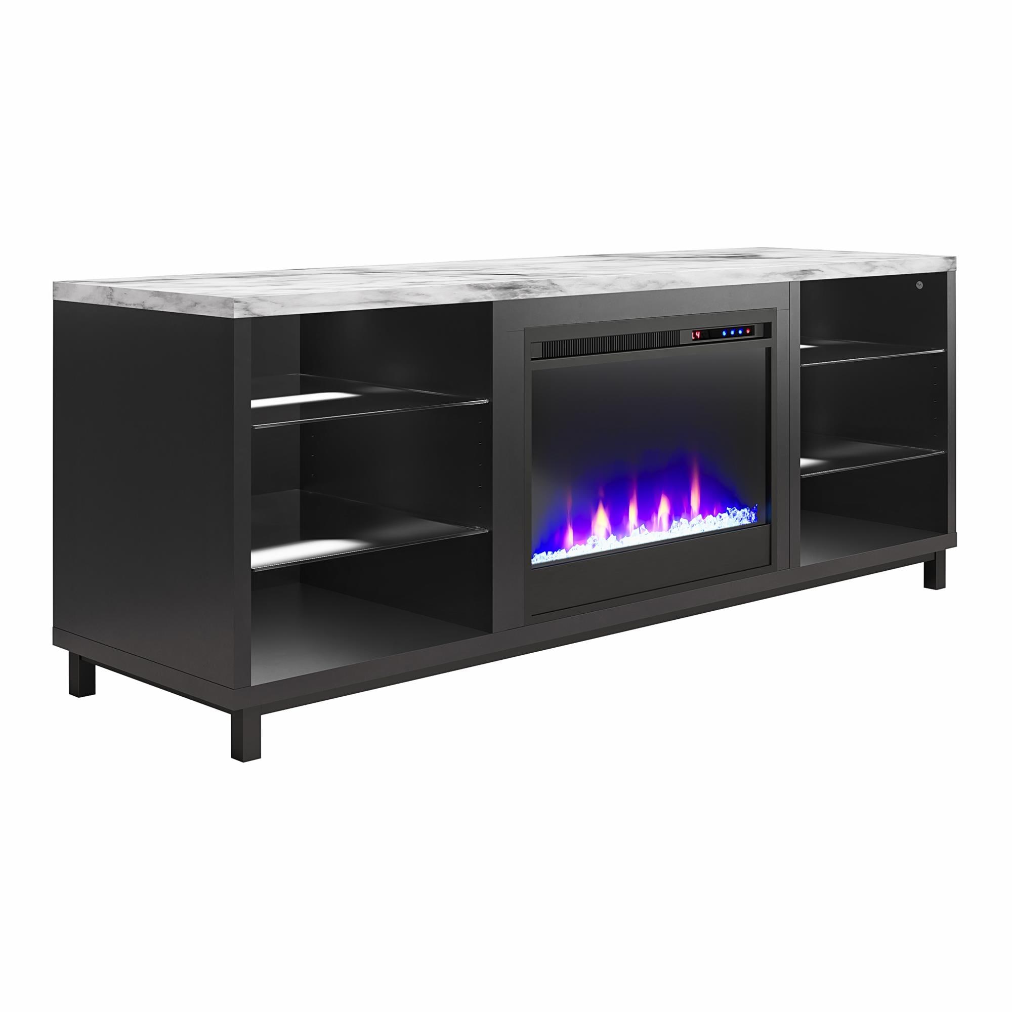 Ameriwood Home 1892891COM 64.76-Inches W Black TV Stand with Fan-forced Flat wall Electric Fireplace with Remote Control Included