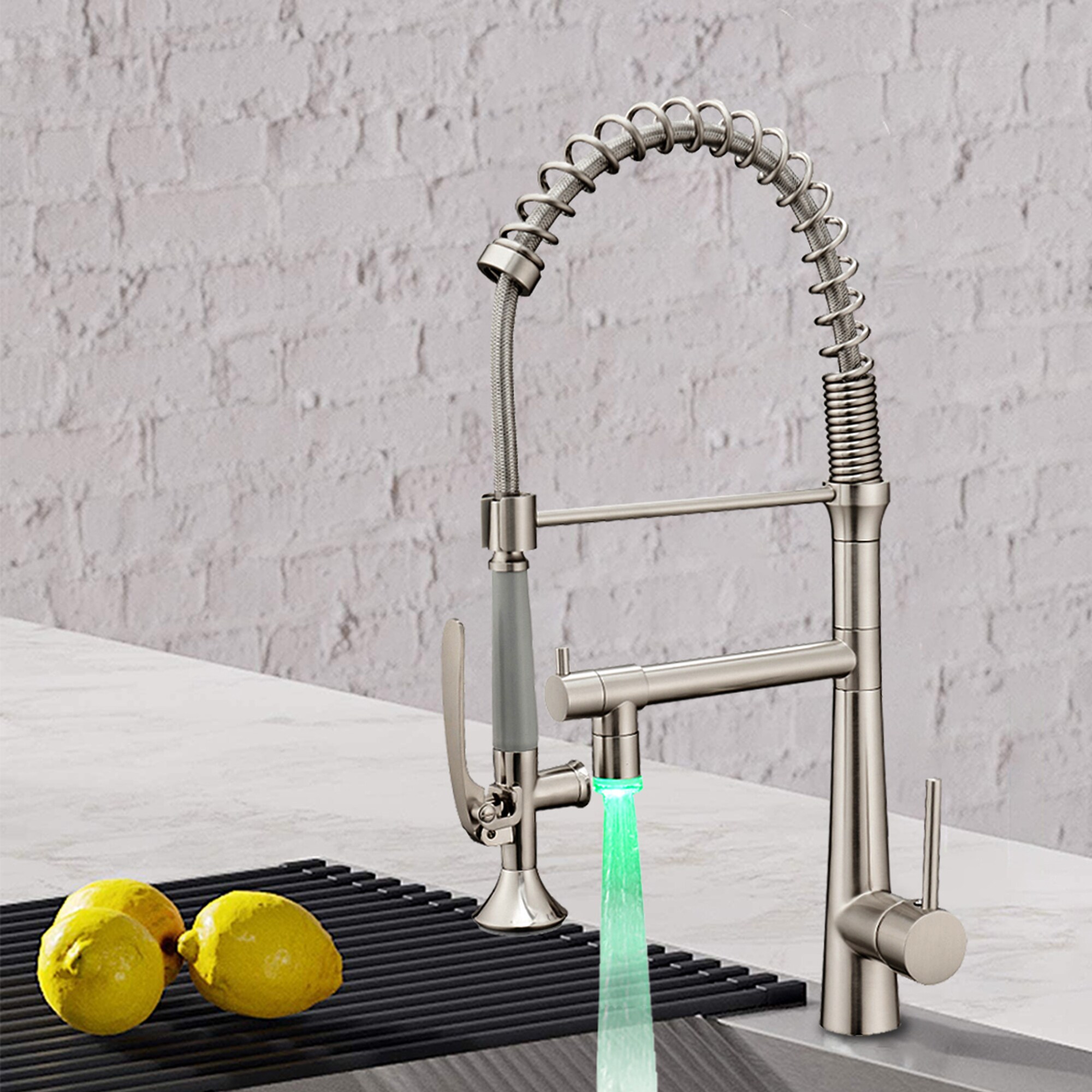 WELLFOR LED Kitchen Faucet Brushed Nickel Single Handle Swivel Kitchen ...