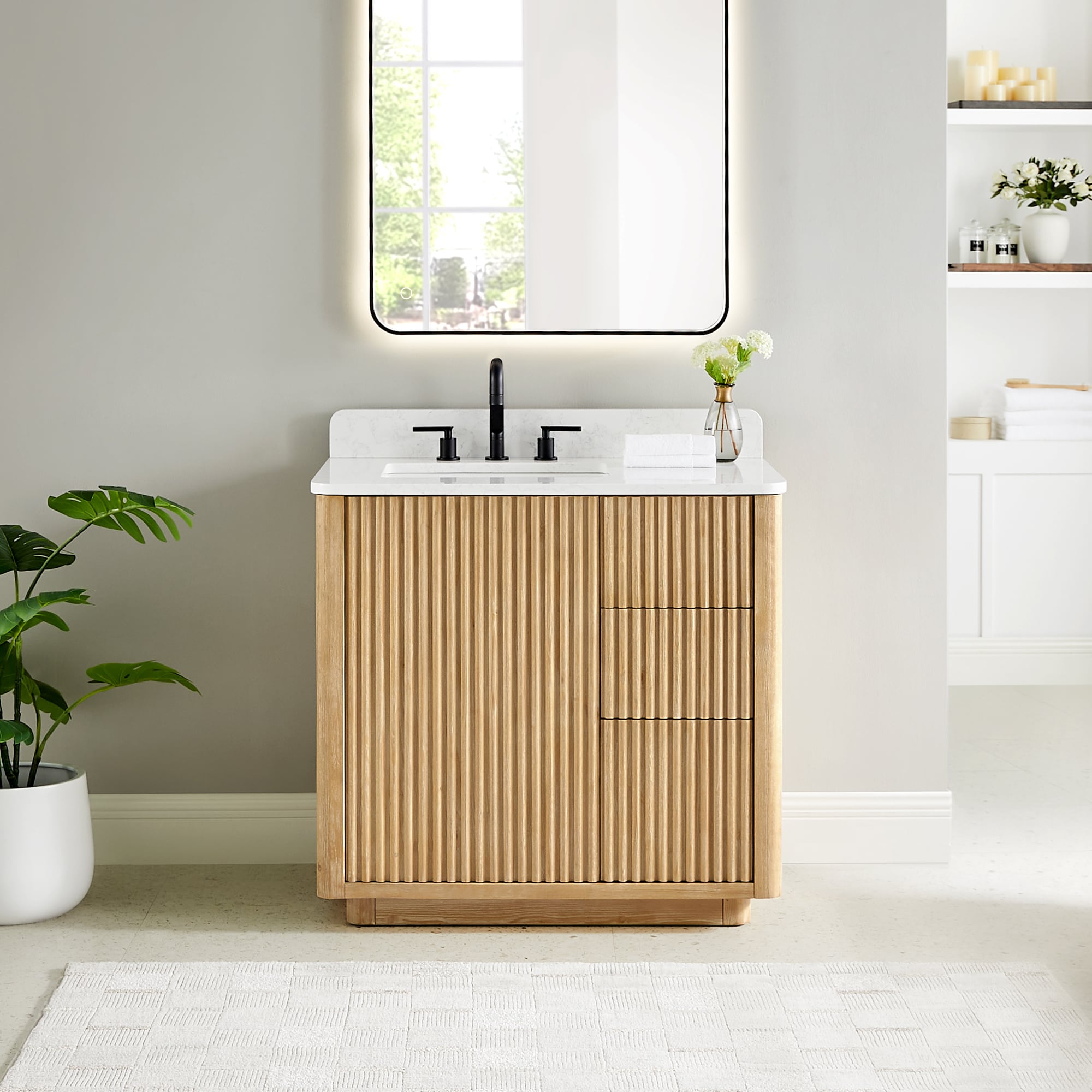 Altair 580036-WL-GW-NM Clayton 36-in Washed Light Brown Undermount Single Sink Bathroom Vanity with Grain White Engineered Stone Top