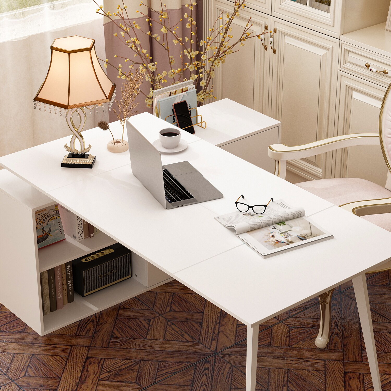FUFU&GAGA 55.1 in. L-Shaped White Wood Writing Desk Executive Desk