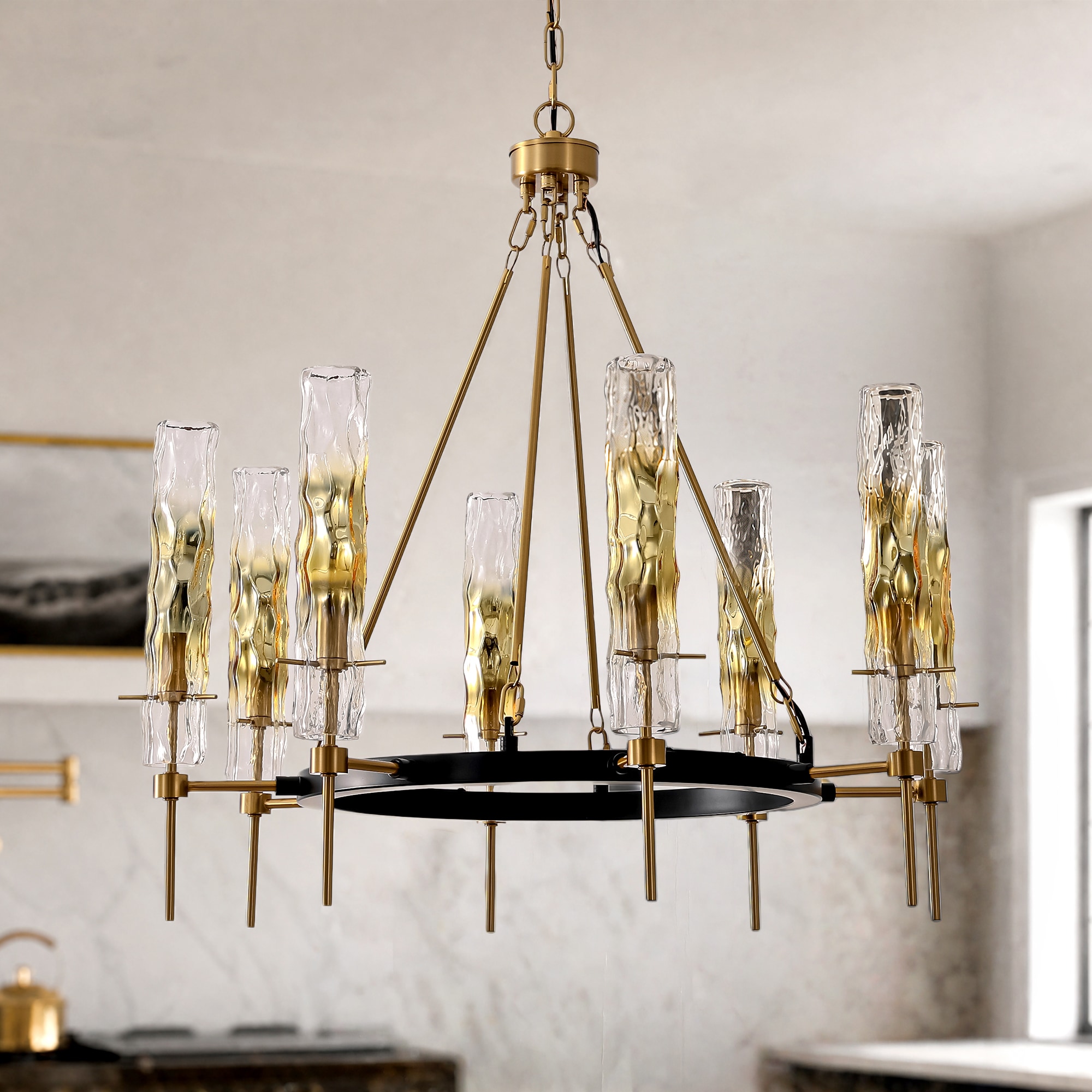 TALOYA 8-Light French Country Cottage Gold Brass Wheel Chandelier with Gold-Plated Striped Glass Shades E12 Sockets Adjustable Height for Kitchen Islands Dining Rooms and Living Rooms