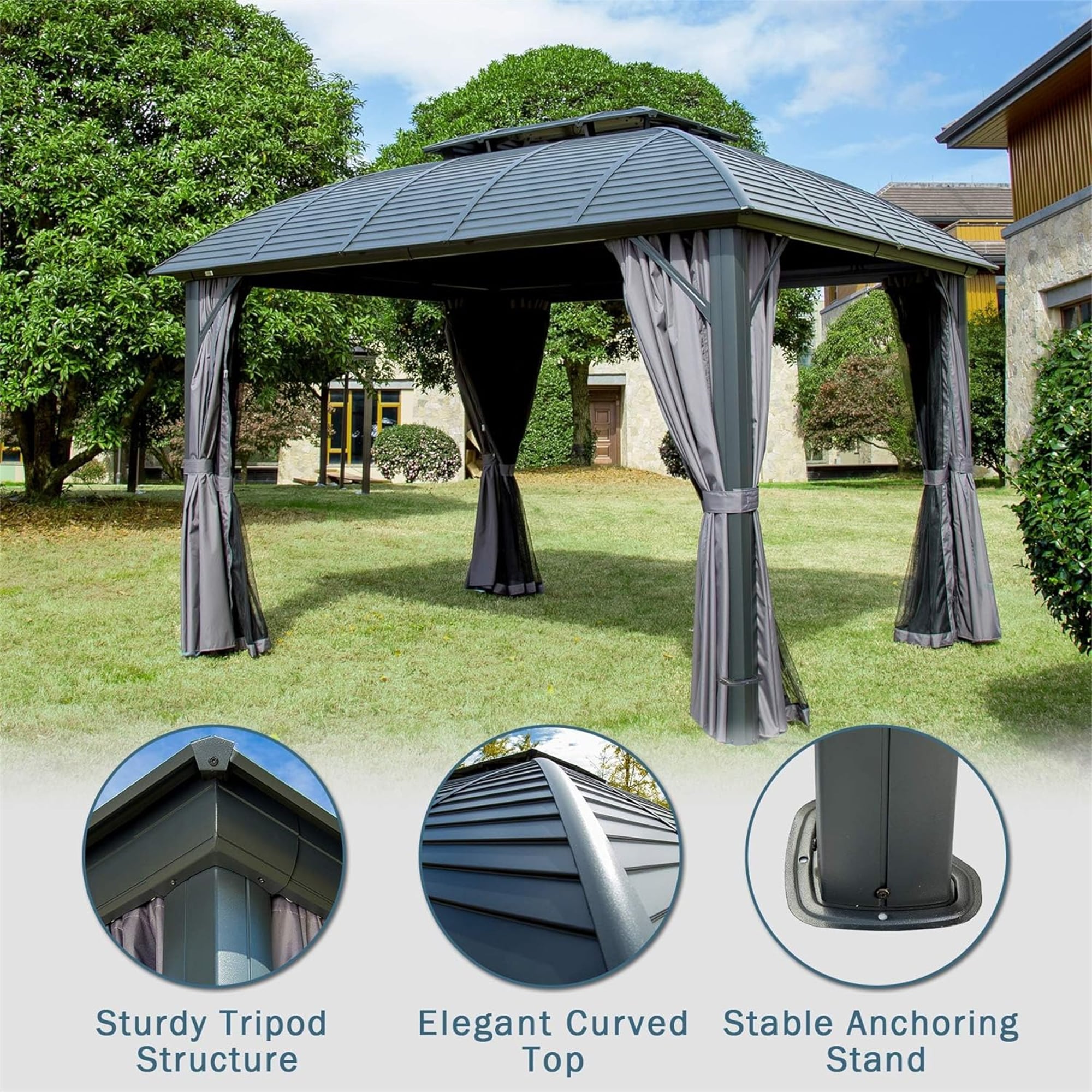 Mondawe 12-ft x 10-ft Rectangle Black Metal Aluminum Roof Gazebo with ...