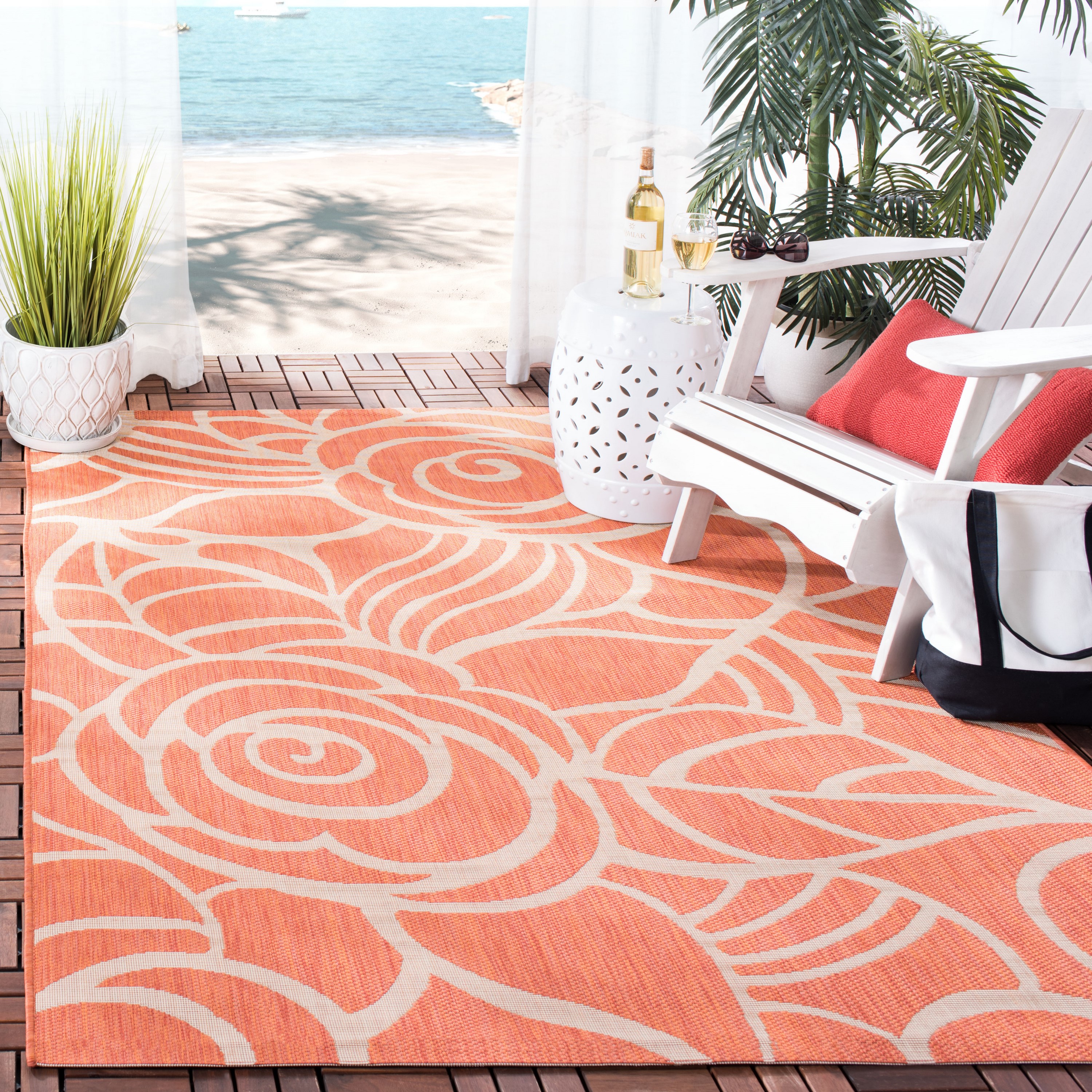 Safavieh CY5141A-38 Courtyard Loire 3 x 8 (ft) Loomed Polypropylene Rust/Sand Rectangular Indoor/Outdoor Floral/Botanical Coastal Runner rug