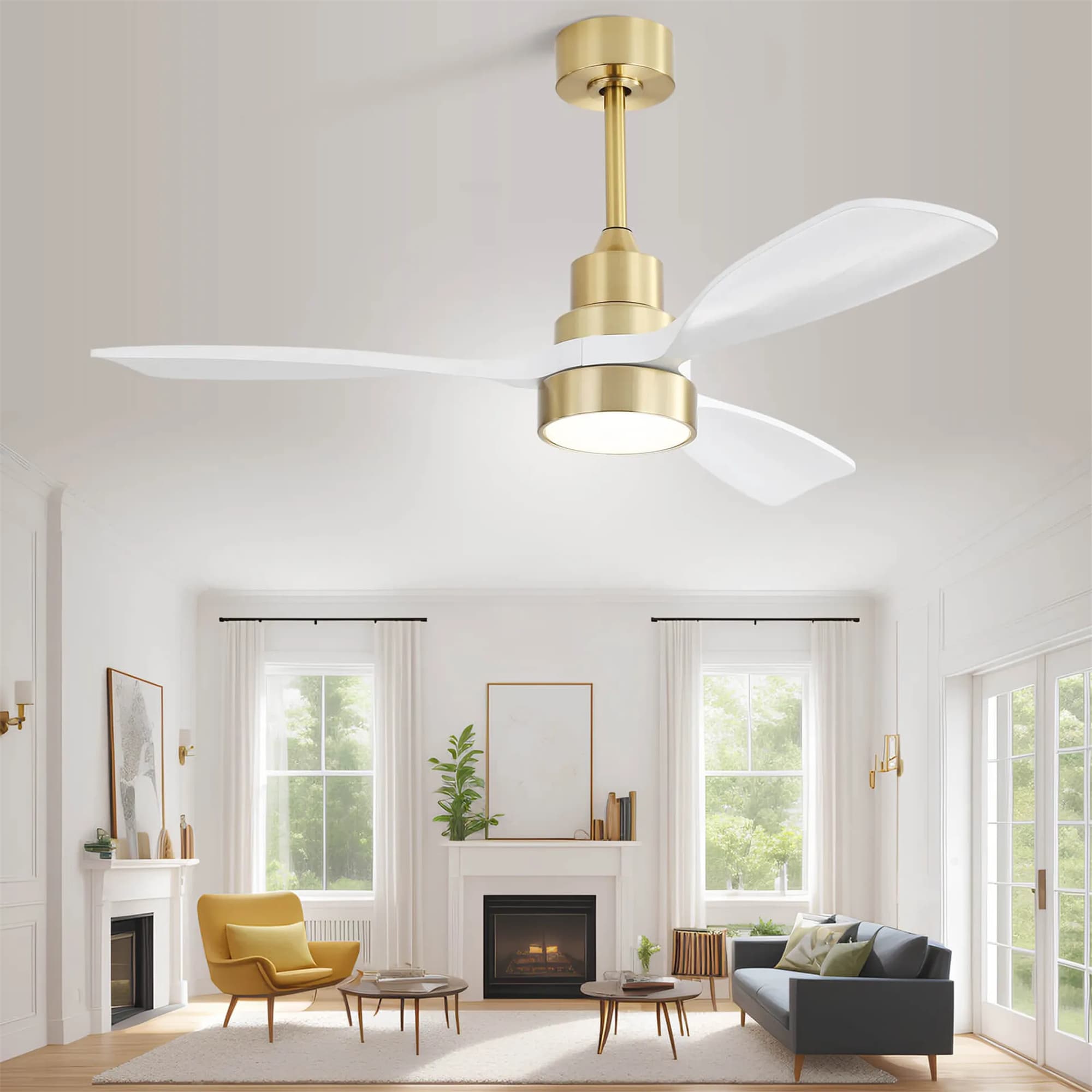 BABOOM BOM-P147068-OR 48-in Color-Changing Gold with White Wood Blades Ceiling Fan With Light - Remote Included ( 3 -Blade )