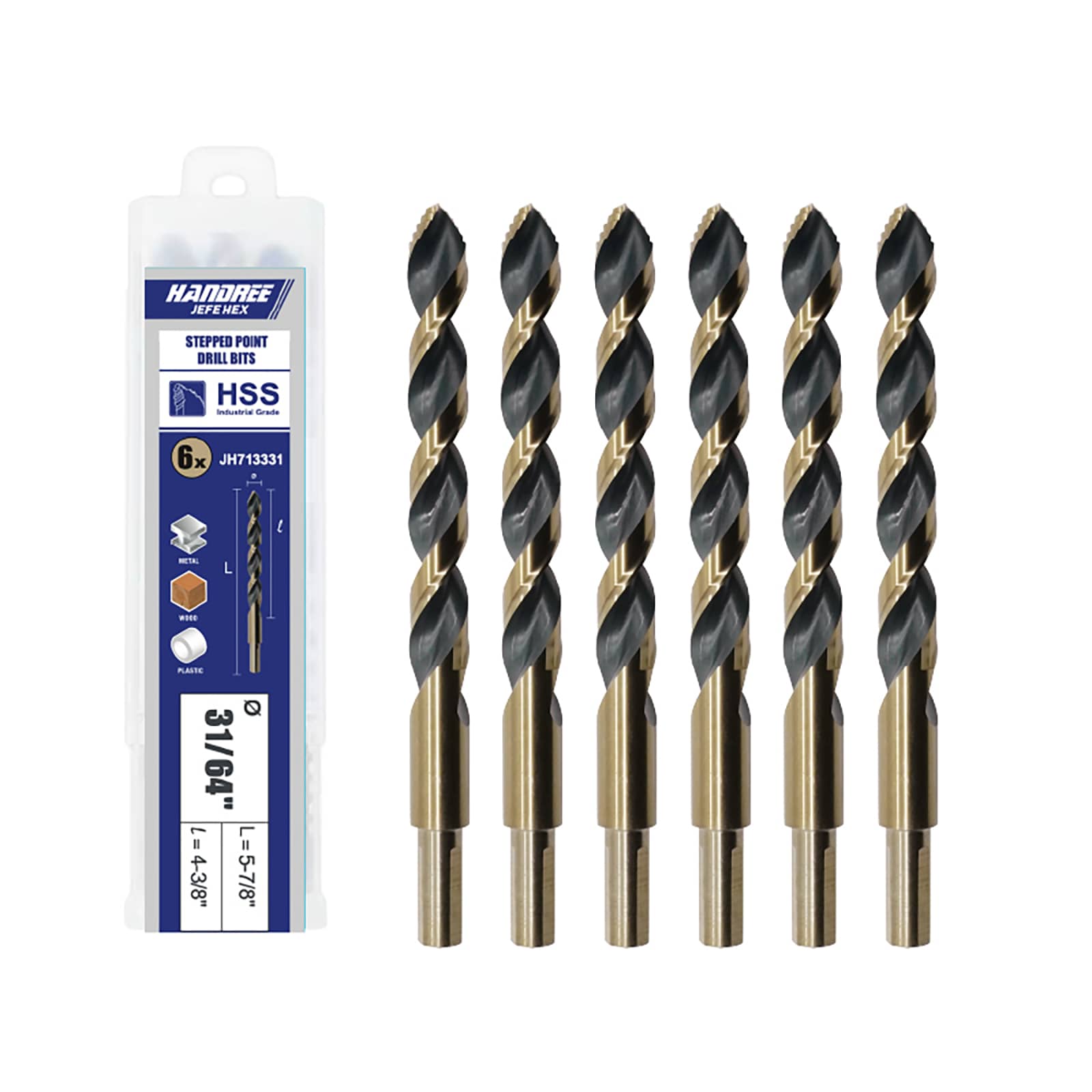 Handree  6-Piece 31/64 HSS Stepped Drill Bits 3-Flat Shank for Metal Steel Acrylic No Pilot Hole Needed