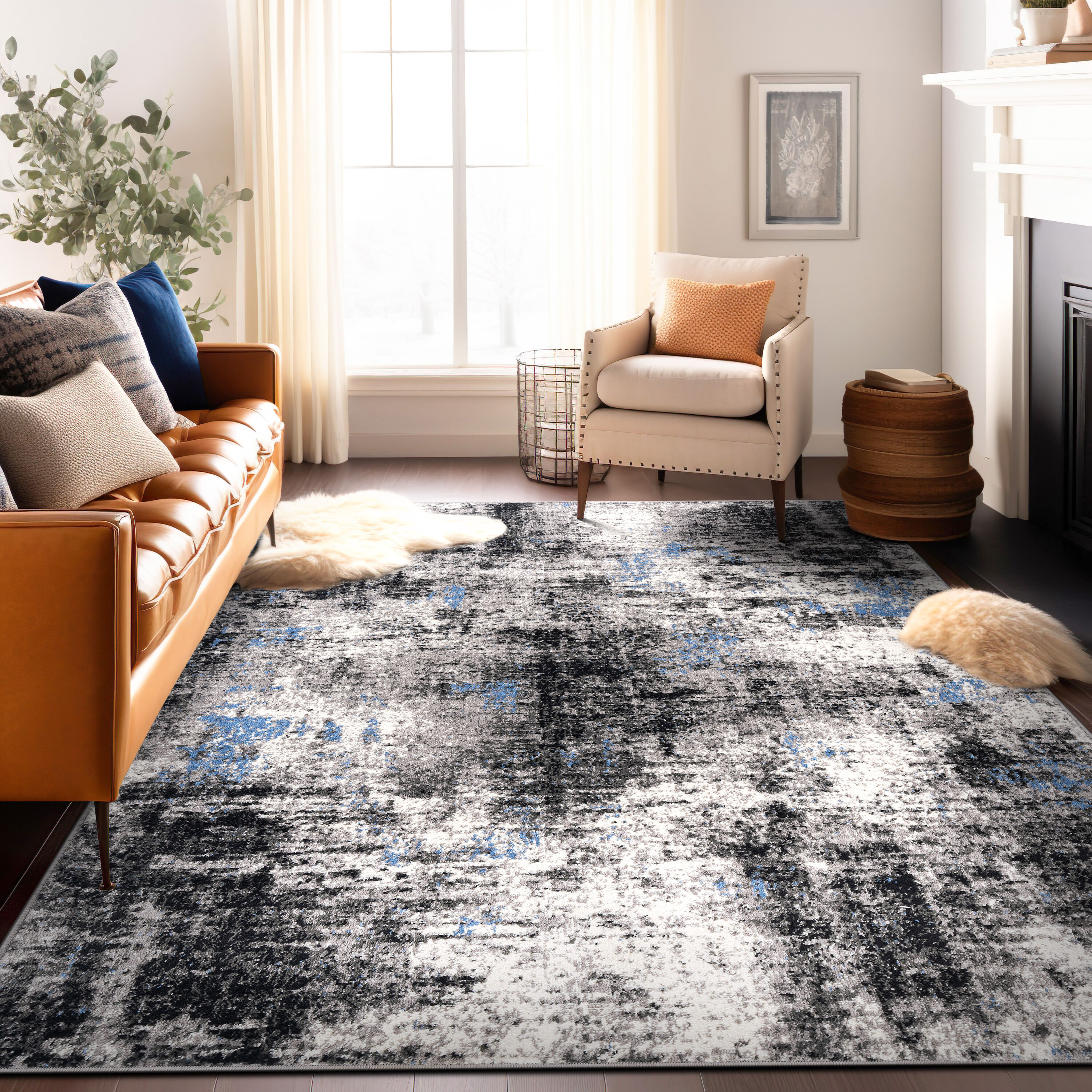 Adare Blue and Gray Abstract 5' x 7' Synthetic Area Rug