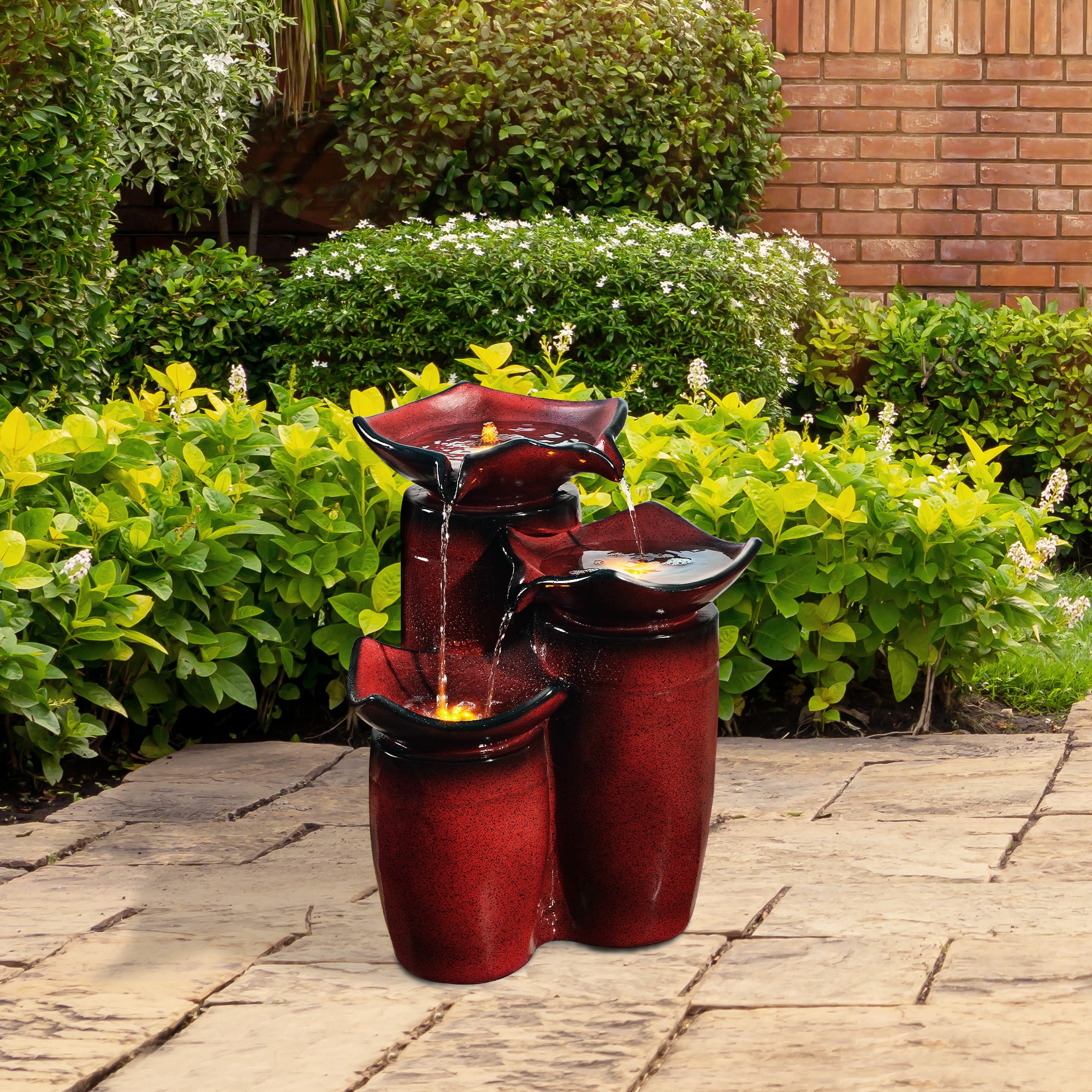 Gradient Red Polyresin 3-Tier Floor Fountain with LED Lights