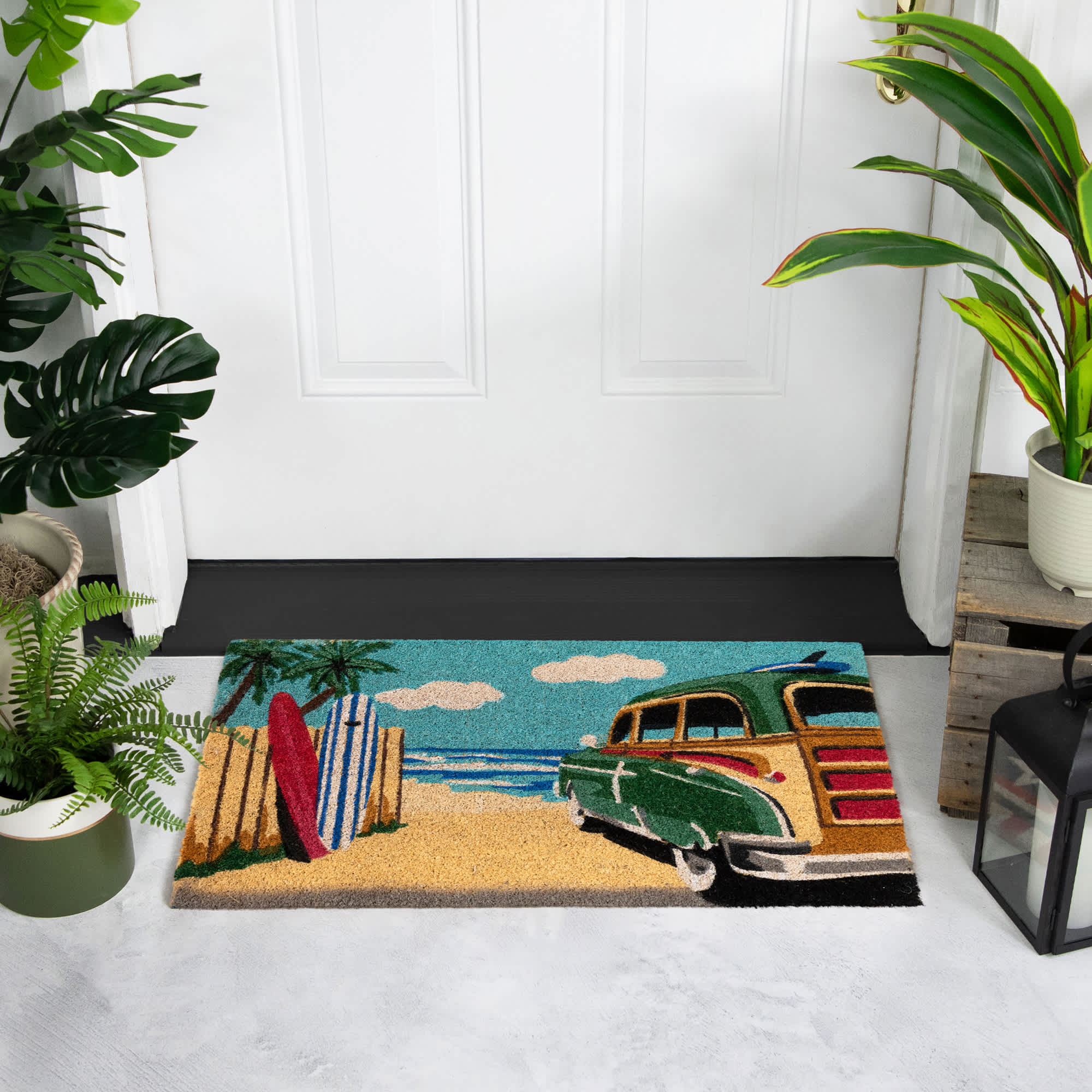 Northlight Retro Car on Beach Rectangular Coir Door Mat 18 inch x 30 ...