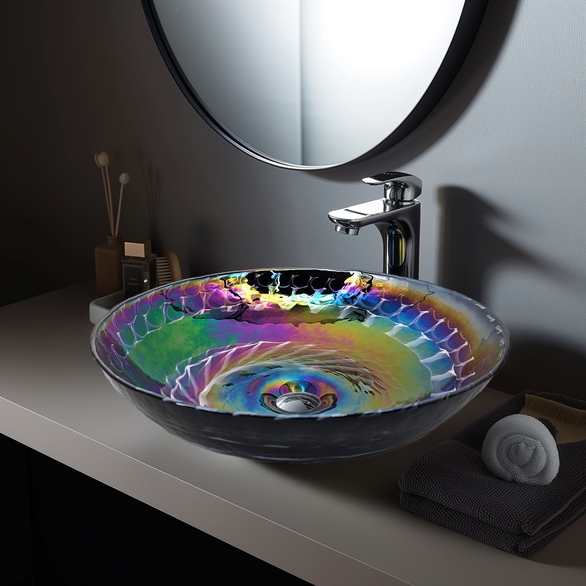 Ruvati RVB3049 Murano Glass Vessel Round Modern Cosmic Black Bathroom Sink ( 16-in x 16-in )
