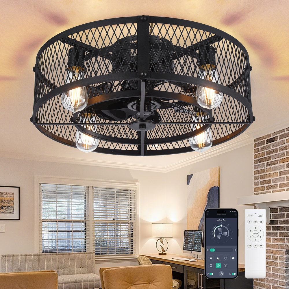Dovanpaul 20 Inch Black Low Profile Flush Mount Caged Ceiling Fan with Light Rustic Farmhouse Fandelier 6-Speed Reversible Timer Remote App Dual Control for Kitchens Bedrooms