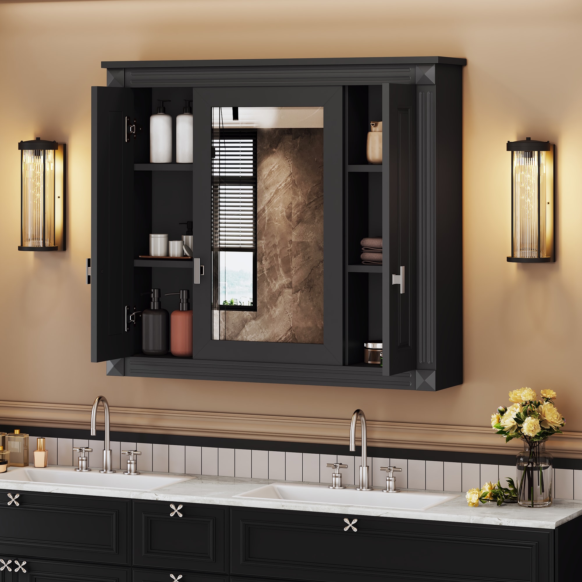 Hrinhom Unassembled 35-in x 28.7-in x 7.1-in Black Bathroom Wall Cabinet