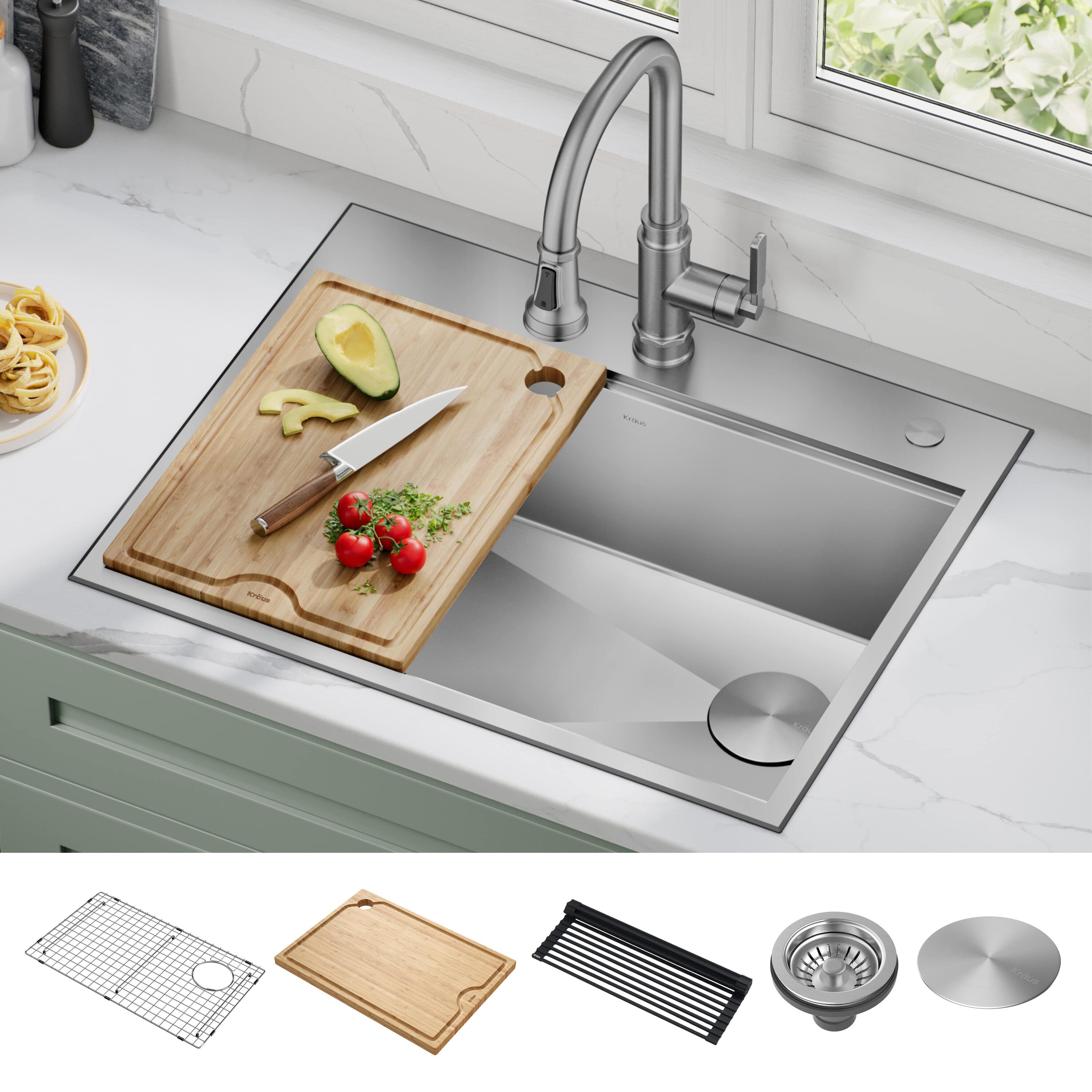 Kraus KWT310-28 Kore Drop-in 28-Inches x 22-Inches Stainless steel Single bowl 1-Hole 16 -Gauge Workstation Kitchen Sink