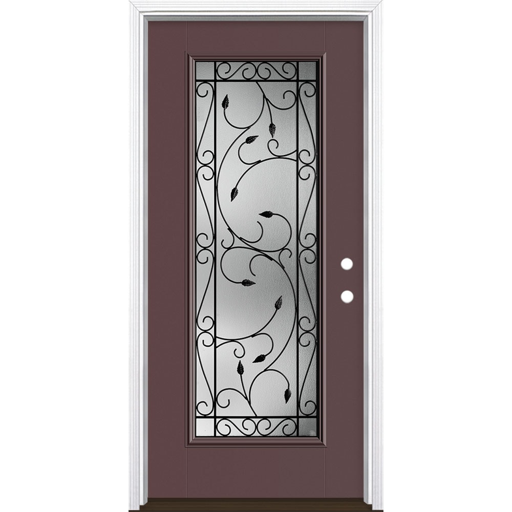 Masonite 3422757 Pergola 36-in x 80-in x 4-9/16-in Fiberglass Full lite Left-hand inswing Currant Painted Prehung Single door Front Door with Brickmould Insulating core Decorative glass