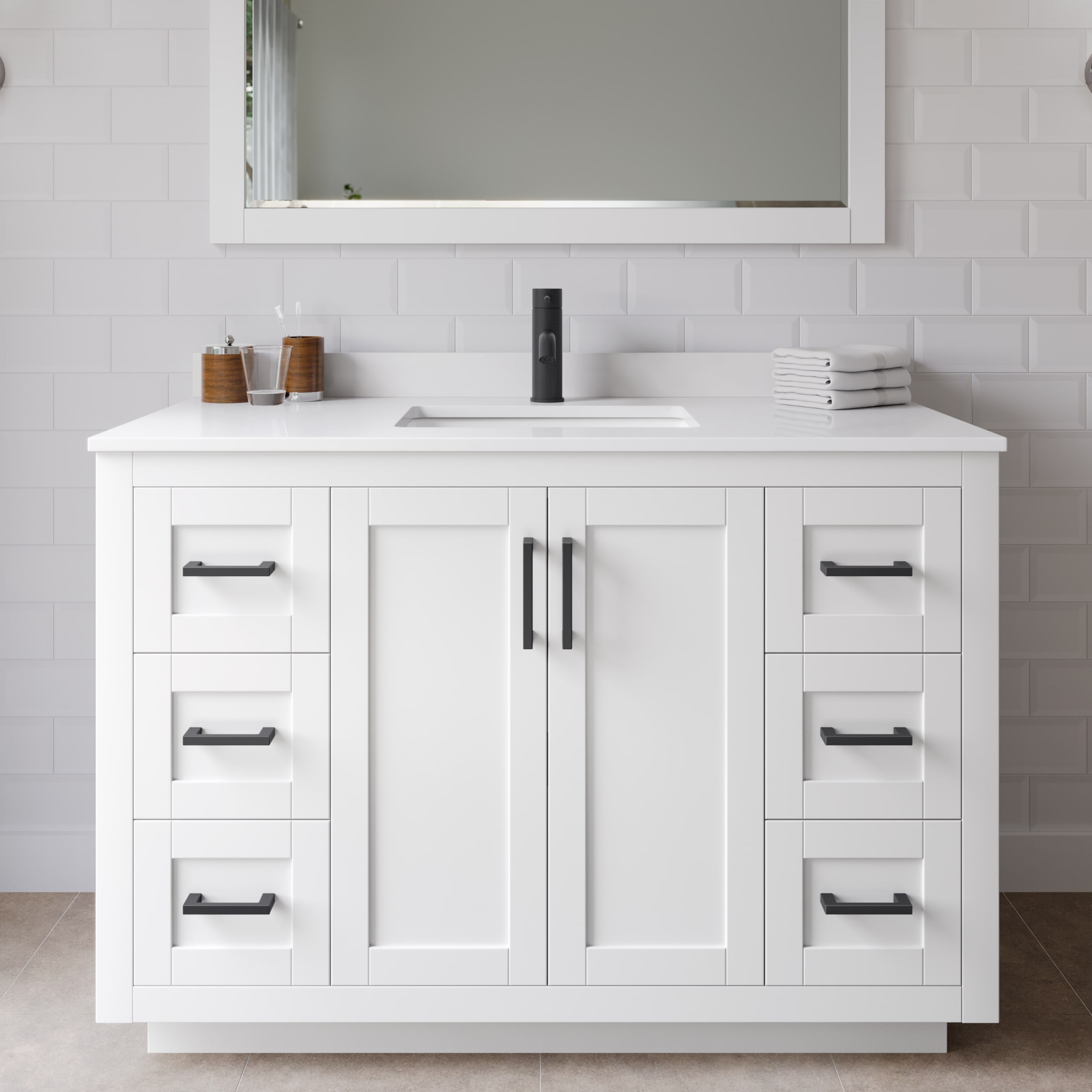 Wyndham Collection WCF292948SWBWCUNSM46 Miranda 48-in White with Matte Black Trim Undermount Single sink Bathroom Vanity with White Cultured Marble Cultured marble Top (Mirror Included)