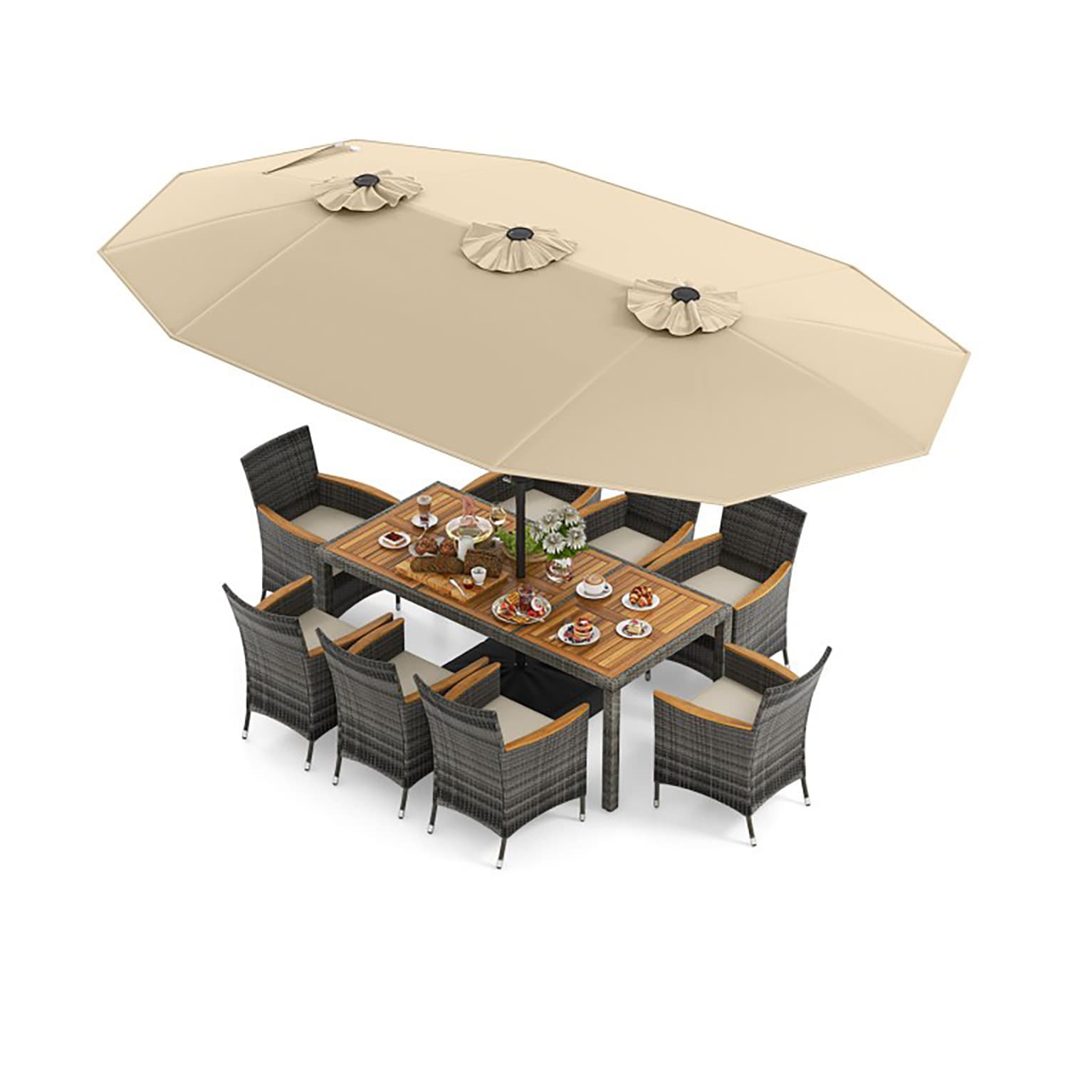 GZMR 10 Pieces Wicker Outdoor Dining Set for 8 with 15 Feet Patio Umbrella 10 -Piece Black+Brown Rattan Patio Dining Set Steel Rectangle Table with 8 Off-white Cushions Stationary Chairs and Umbrella Included