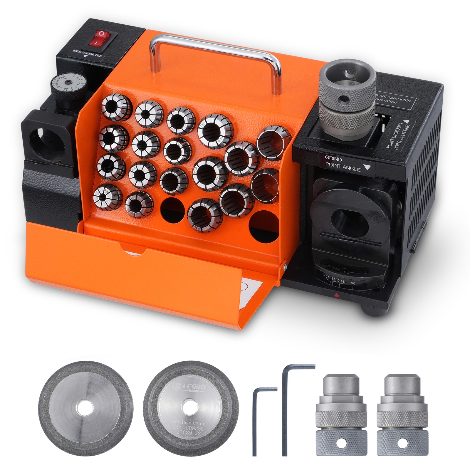 VEVOR ZTYMJ402833CWZH1HV1 Drill Bits Sharpener, 3-20mm End Mill Grinder Sharpener, Lip Relief Angle 95 Degree-135 Degree Point Angle Adjustable Drill Bit Re-sharpener, Portable Sharpening Machine with 18 Collets, Cbn Sdc Wheel