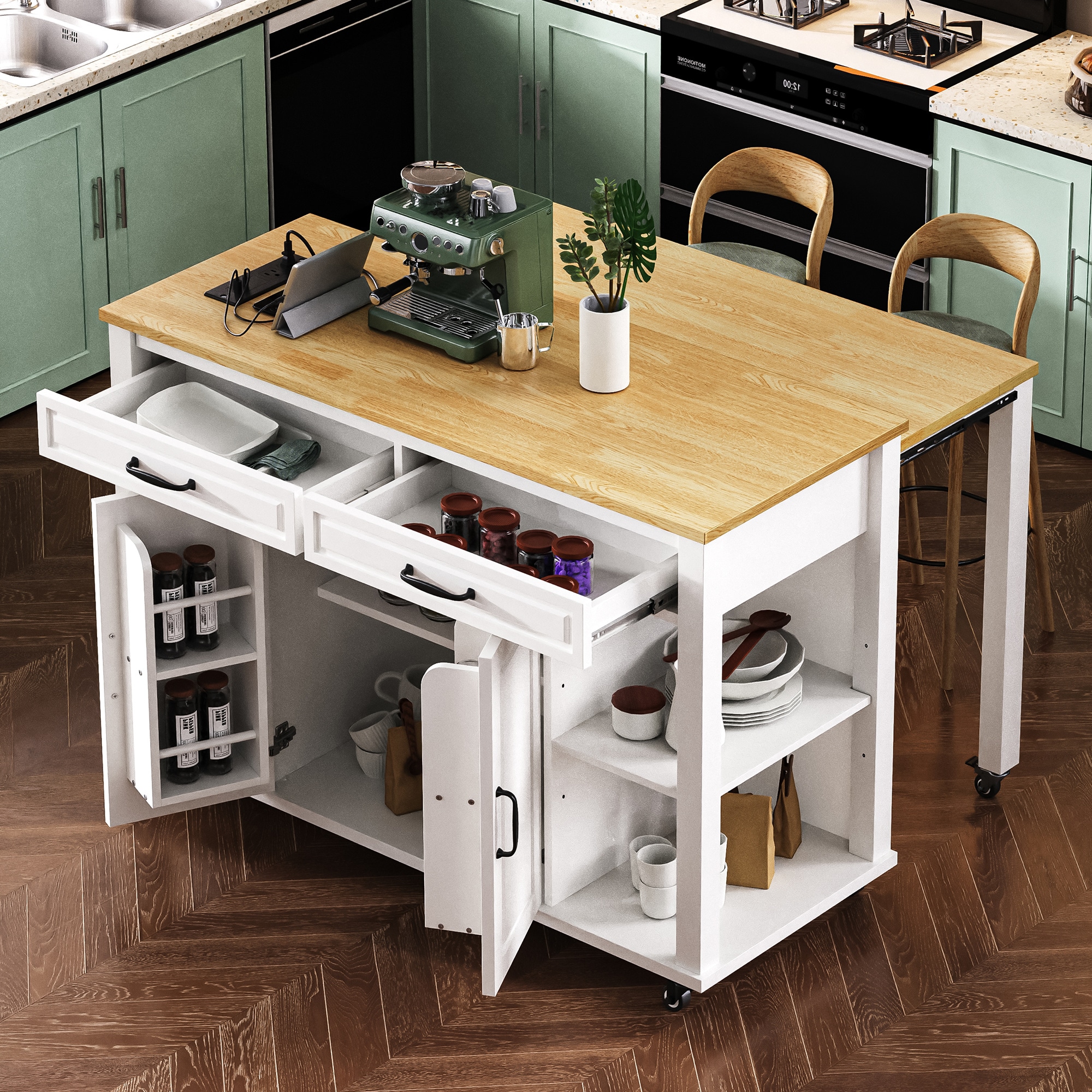 BABOOM BOM-W420S00-OR White MDF Base with Wood Rolling Kitchen Island ( 33.5-in x 47.2-in x 36.8-in )