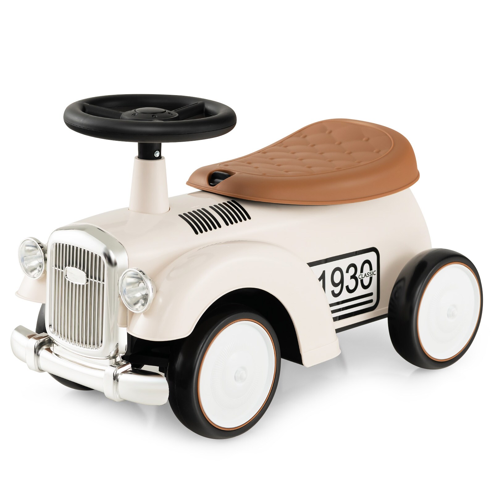 Slickblue D-CO-HW01201QT Retro Ride-On Car for Toddlers White with Steering Wheel Sounds and Under-Seat Storage
