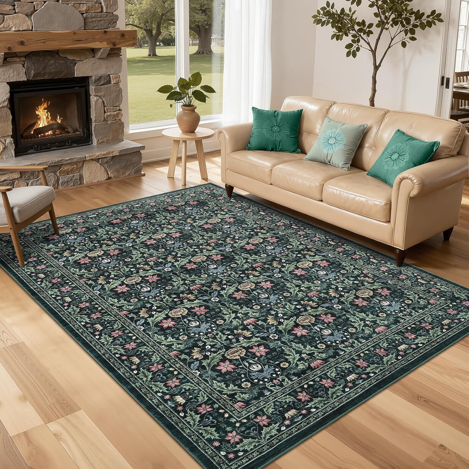 IdealHouse Floral Washable 5x7 Rugs for Living Room Non-Slip Soft Low Pile Ultra-Thin Area Rugs Non-Shedding Stain Resistant Farmhouse Vintage Accent Carpet for Dining Room Bedroom Green #LUCY-AX6E8IO3T7GF
