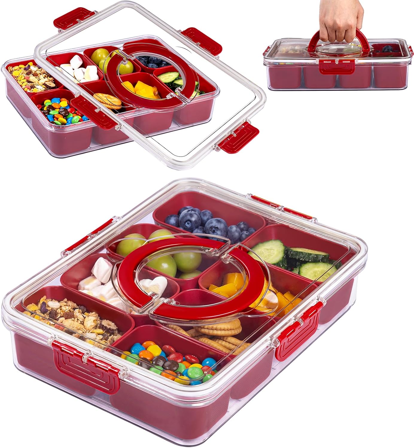 Wellife WELLFE Dishwasher Safe Snackle Box Container with 8 Small Snacks Box Premium Red Plastic Divided Serving Tray with Lid and Handle for Snack Veggie Fruits Perfect for Party Picnic Entertaining