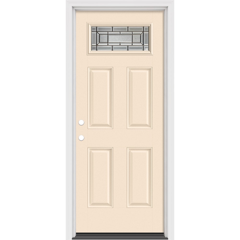 Masonite 633042 Sequence 32-in x 80-in x 4-9/16-in Fiberglass 1/4 lite Right-hand inswing Bisque Painted Prehung Front Door with Brickmould Insulating core