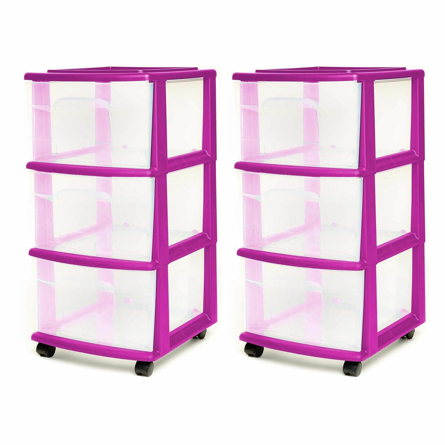 Homz Products 324376 2 -Pack 3 -Drawers Pink, Clear Stackable Rolling Plastic Storage Storage drawer 25.5-Inches H x 14.25-Inches W x 12.5-Inches D