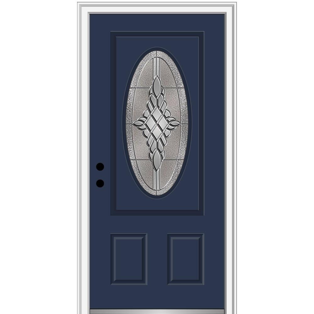 MMI DOOR ZZ3667747R 36-in x 80-in x 6-9/16-in Fiberglass Oval lite Right-hand inswing Naval Painted Prehung Front Door with Brickmould Insulating core