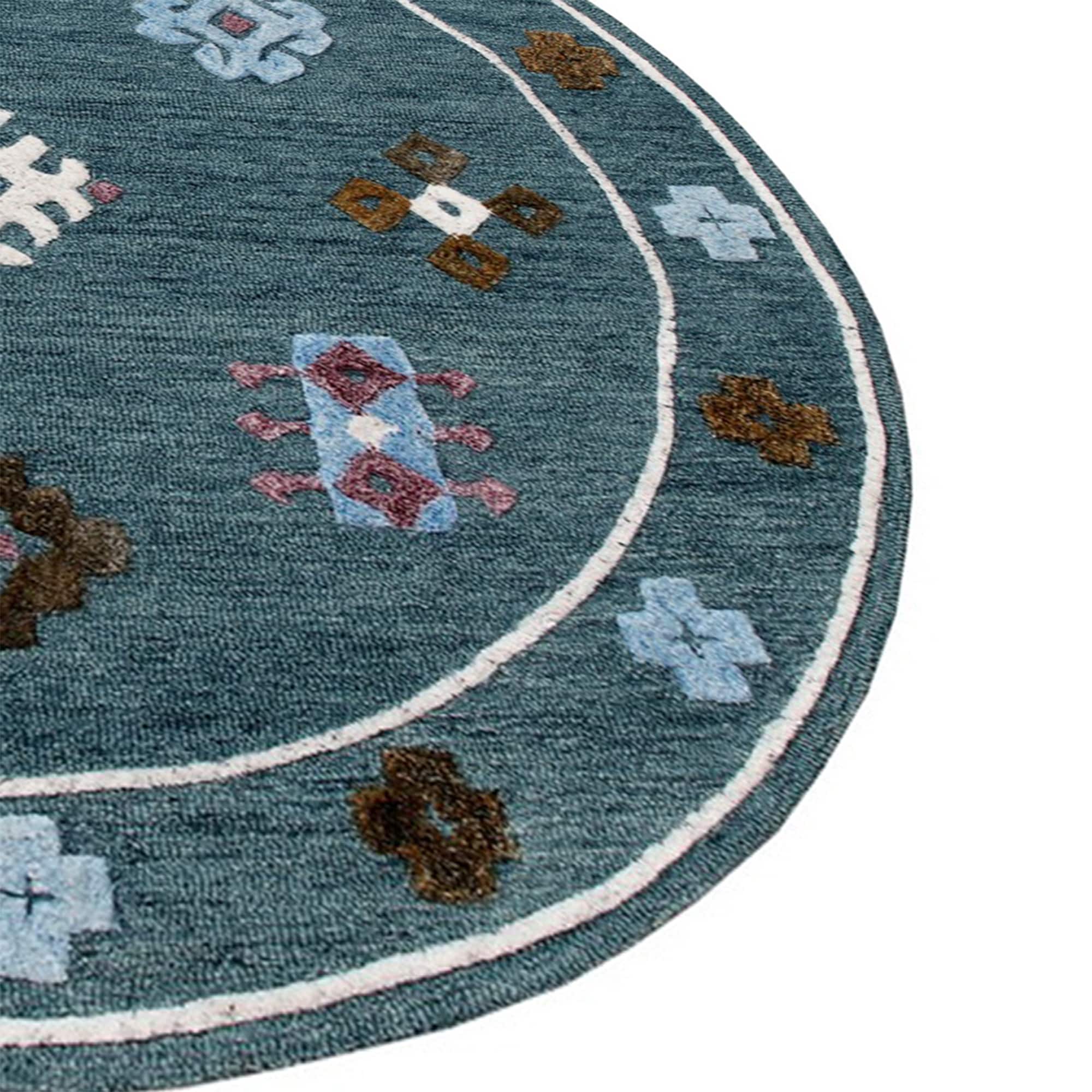 Handmade Geometric Blue Wool Round Area Rug, 5' Diameter