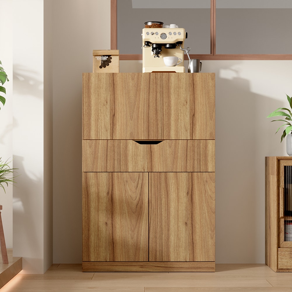 Homsee V-KF520029-01 Modern Brown Kitchen Cabinet with Wine Storage Pull Out Countertop Large Drawer and Double Shelf Pantry Cupboard