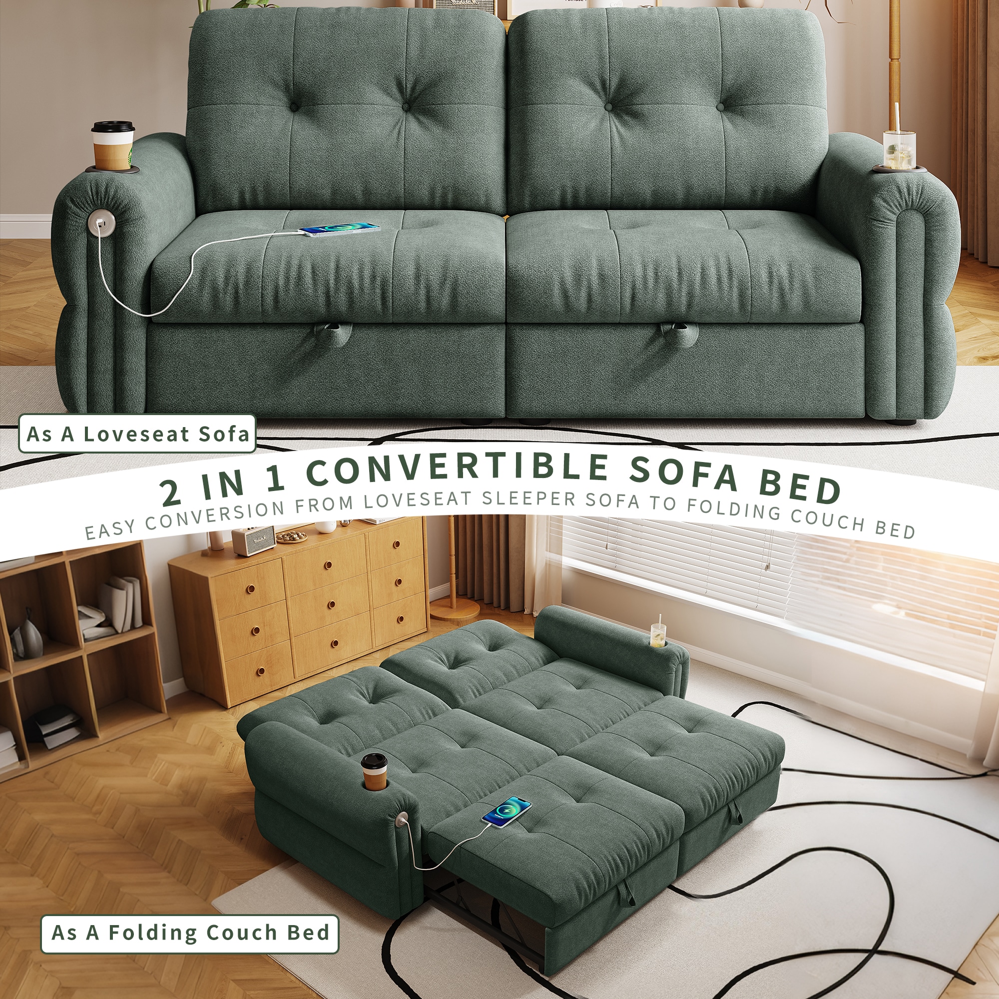 GDFStudio 77 Inch Convertible Sofa Bed 2 in 1 Chenille Fabric