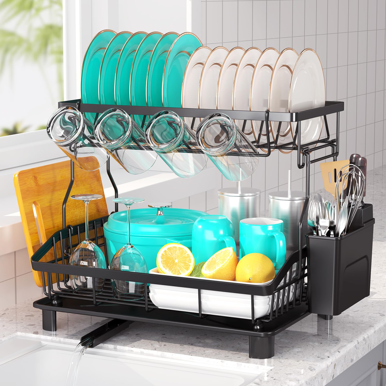 UUDULY  2 Tier Dish Drying Rack Large Capacity Kitchen Counter Organizer with Drainboard Removable Utensil Holder Cutting Board and Cup Holder