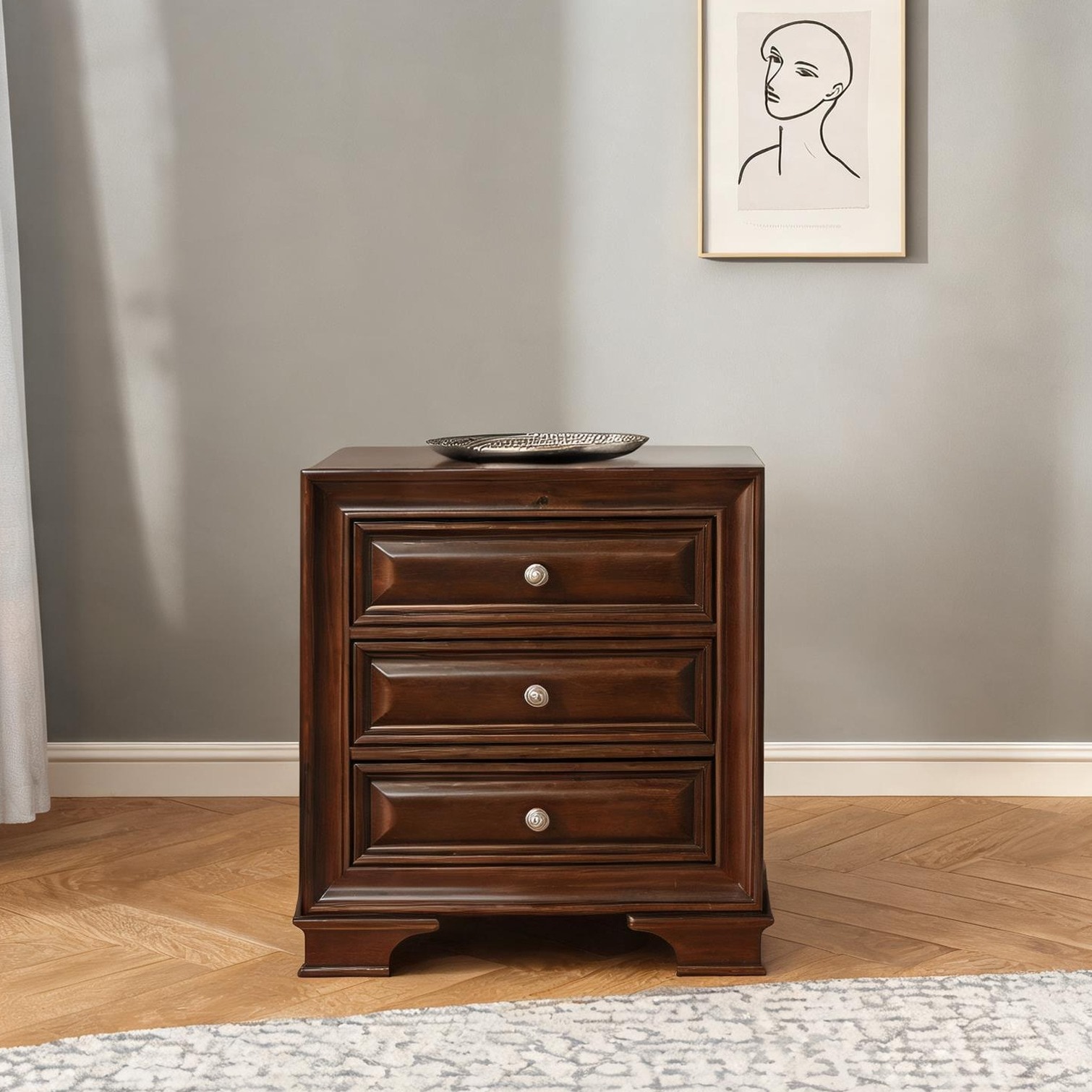 Modern Rectangular Nightstand with USB and Power Outlet Three Drawers warm brown Solid Wood
