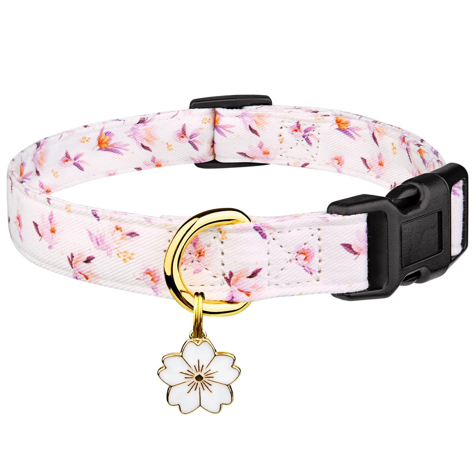 ITOPFOX  Cotton Handmade Dog Collar Adjustable Small Size White Flower Pattern with Pendant Soft Double Layer for Girl Boy Dogs Daily Walking