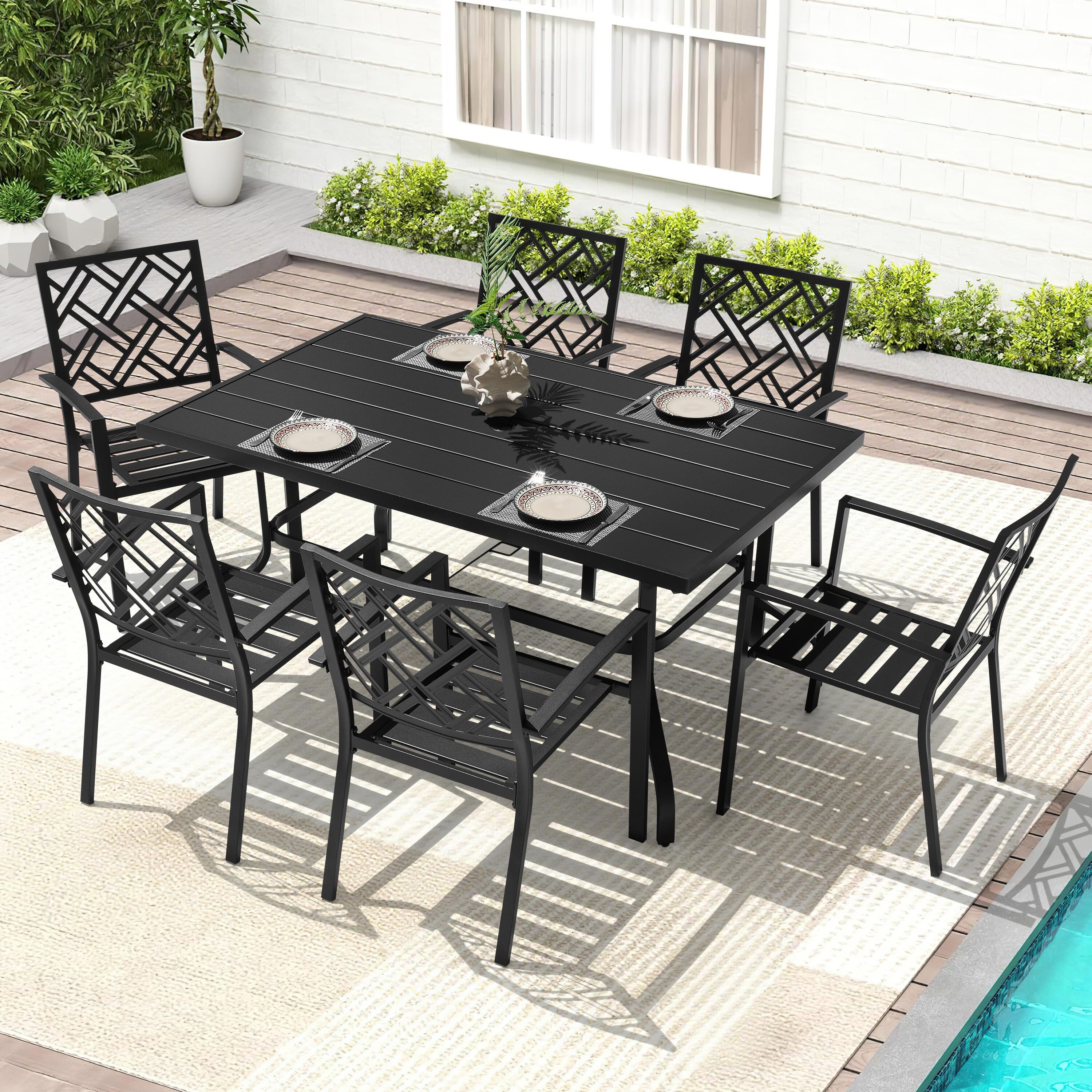 Nuu Garden SD3153F-T103 7 -Piece Black Patio Dining Set Iron Rectangle Table with 6 Stackable Stationary Chairs