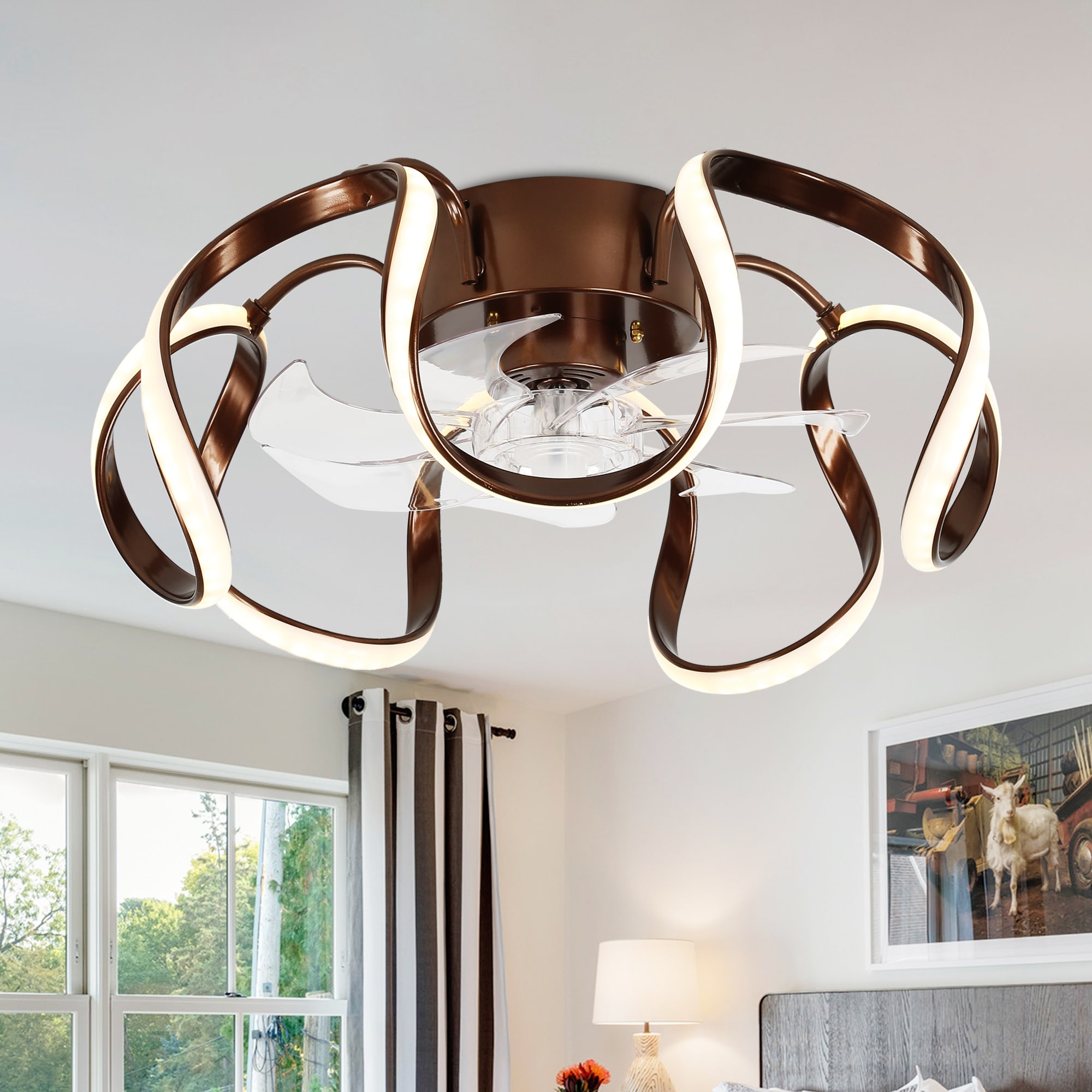 Bella Depot Low Profile 19-in Coffee with Clear Blades Color-changing Integrated LED Indoor Flush Mount Smart Fandelier Ceiling Fan with Light and Remote (7-Blade) DC2013-K Sansujyuku sansujyuku.com