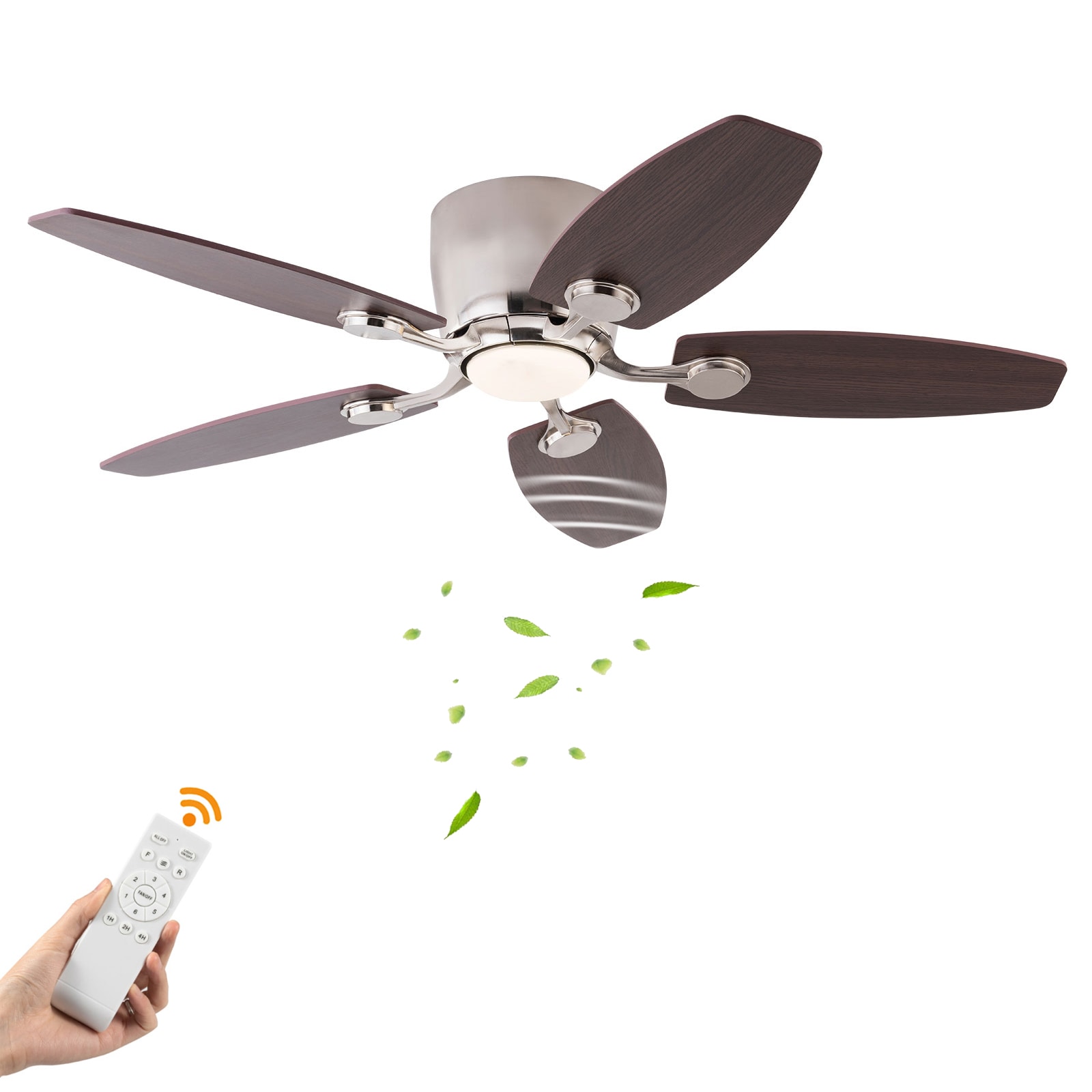 Oukaning JZUCOD-00420099 42-in Color-Changing Flush Mount Chrome with Wood Blades Fandelier Ceiling Fan With Light - Remote Included ( 5 -Blade )