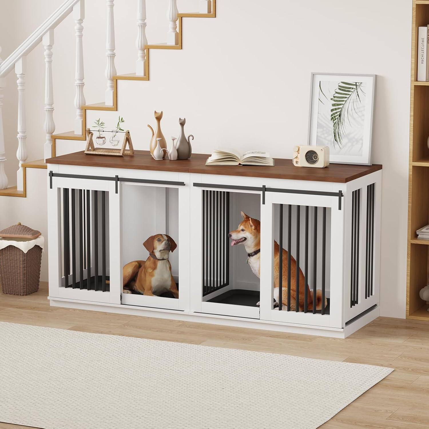 Qeetex QET-PH-QJ89051 Large Dog Crate Furniture 71 Inch Wooden Dog Crate with Removable Divider Heavy Duty Dog Kennel Table Indoor Tv Stand Sliding Door Double Kennel with Trays