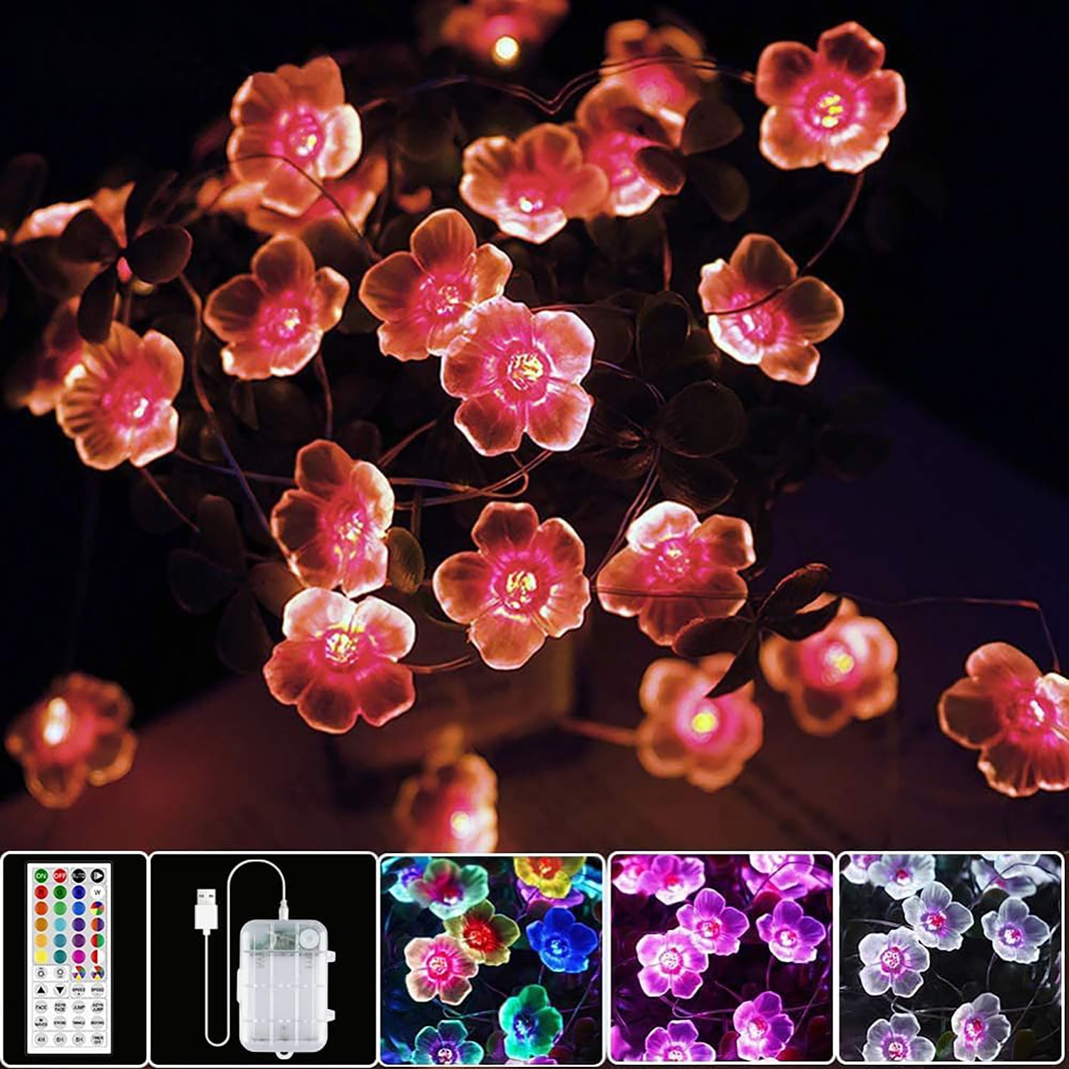 Afoxsos 40 Piece Cherry Blossom String Light Set 13 ft 40 LED Multicolor Flower Lights with Remote Timer for Bedroom Wedding Nursery Decor