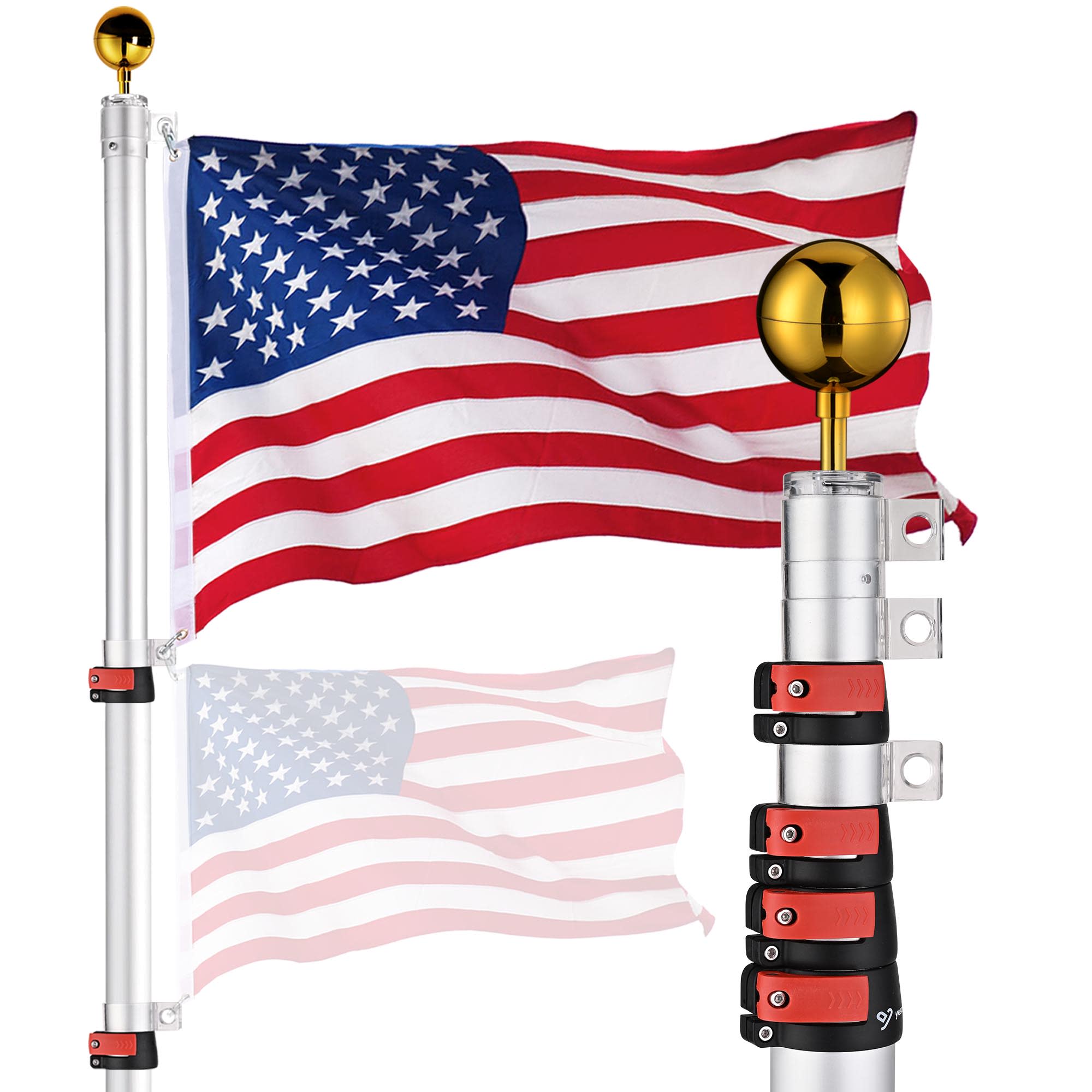 Yescom 22FLP002-25-F1.V4-LO EZ GO 25ft Telescopic Flag Pole Kit Upgrade Rotating Lock for Outside Inground with 3x5 FT US Flag Ball Top Silver