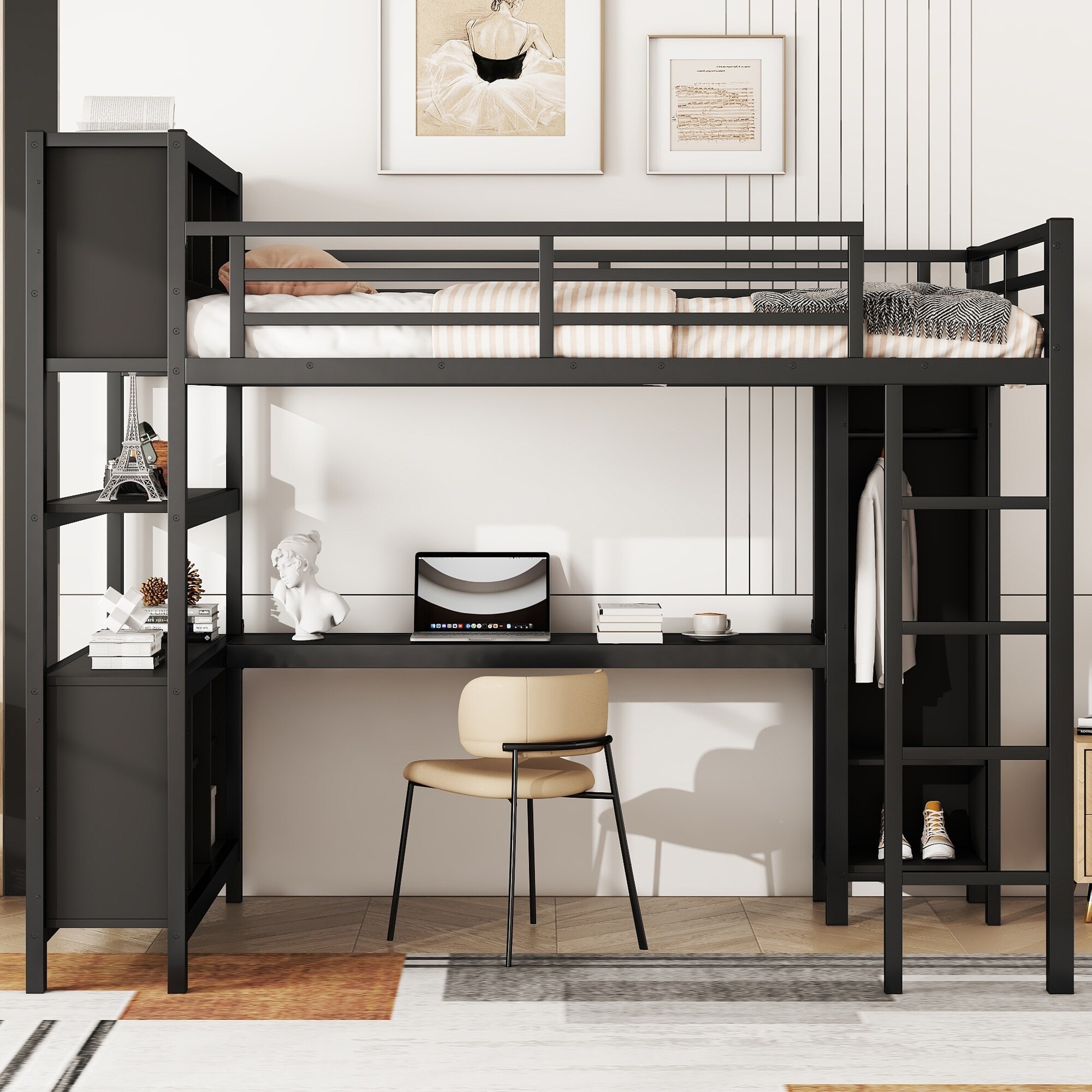 Horizons Prime Full Size Black Metal Loft Bed with Wardrobe and L ...