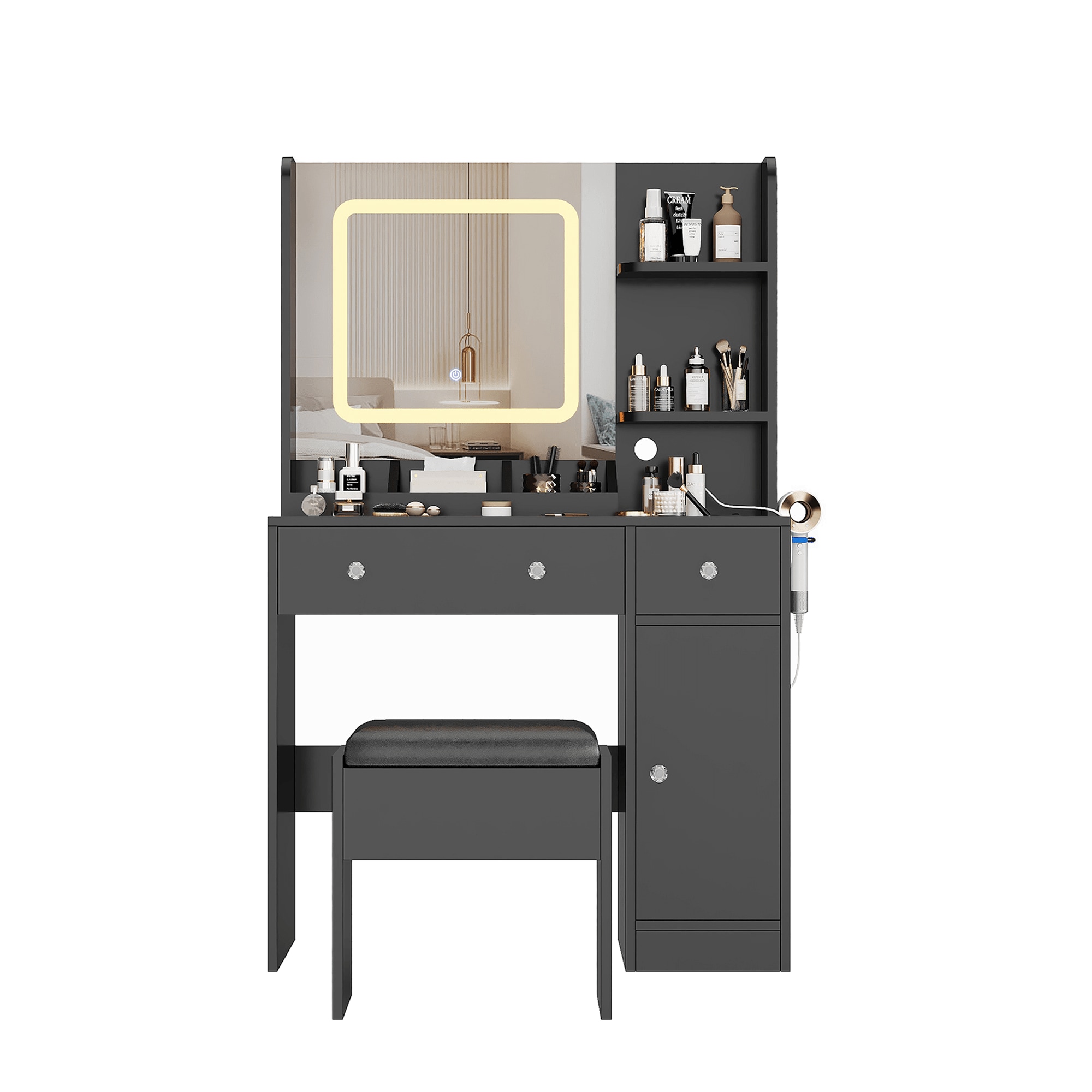Qeetex SUN-PHO-339JPE38 Makeup Vanity Desk with Mirror and Stool Modern Dressing Table with 3 Lighting Modes Charging Station 3 Drawers 3 Open Shelves and Cabinet for Bedroom