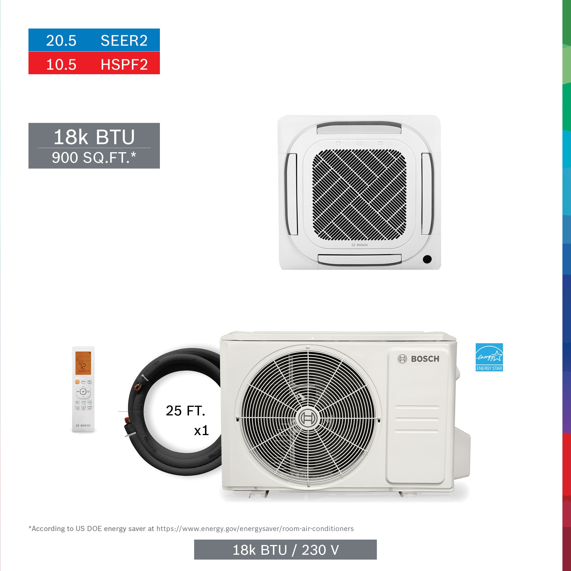 Bosch Cassette Single Zone 18000-BTU 20.5 SEER Ductless Mini Split Air Conditioner Heat Pump Included with 25-ft Line Set 208-Volt in White -  8733958924