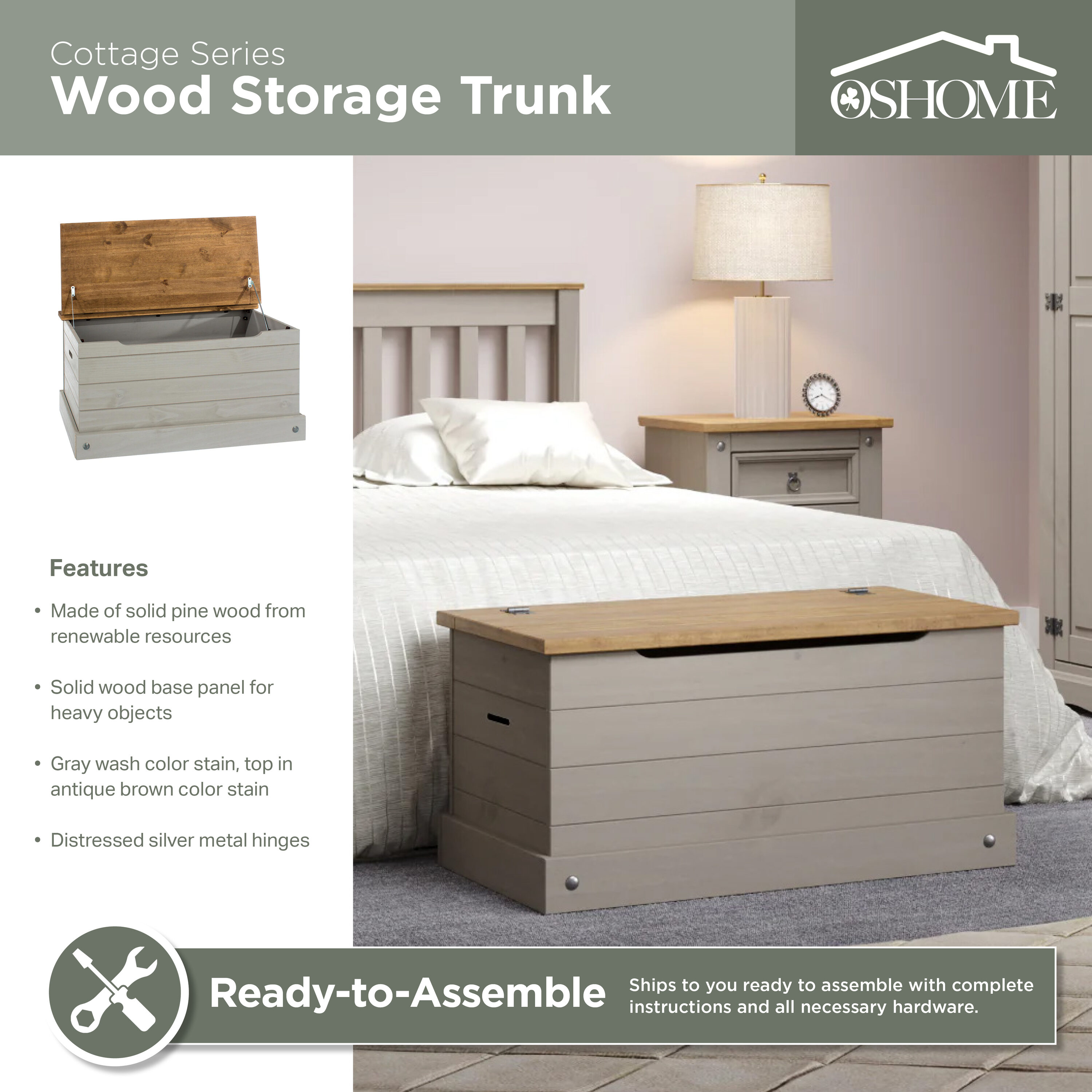 Gray Wash and Antique Brown Pine Wood Storage Trunk