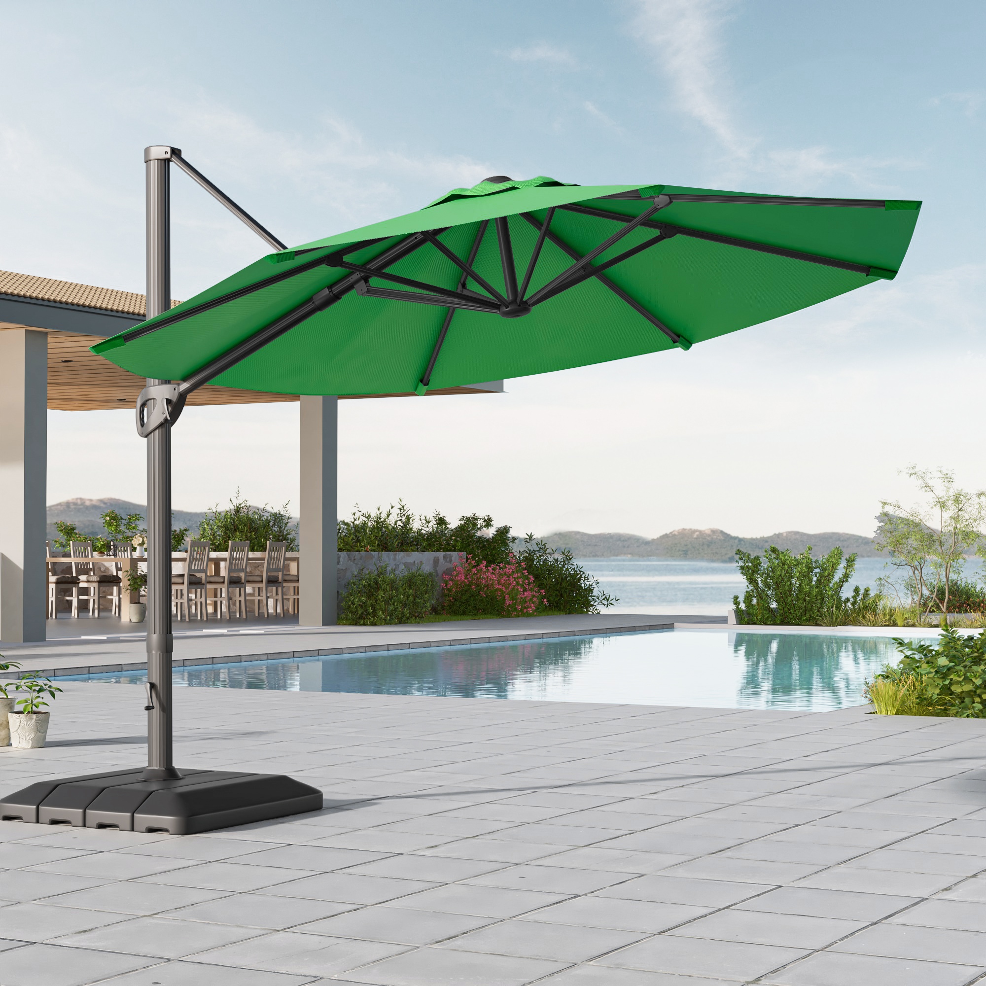 ACEGOSES LW-1159KG-LED-WB 11-ft Aluminum Green No-tilt Cantilever Patio Umbrella with Base