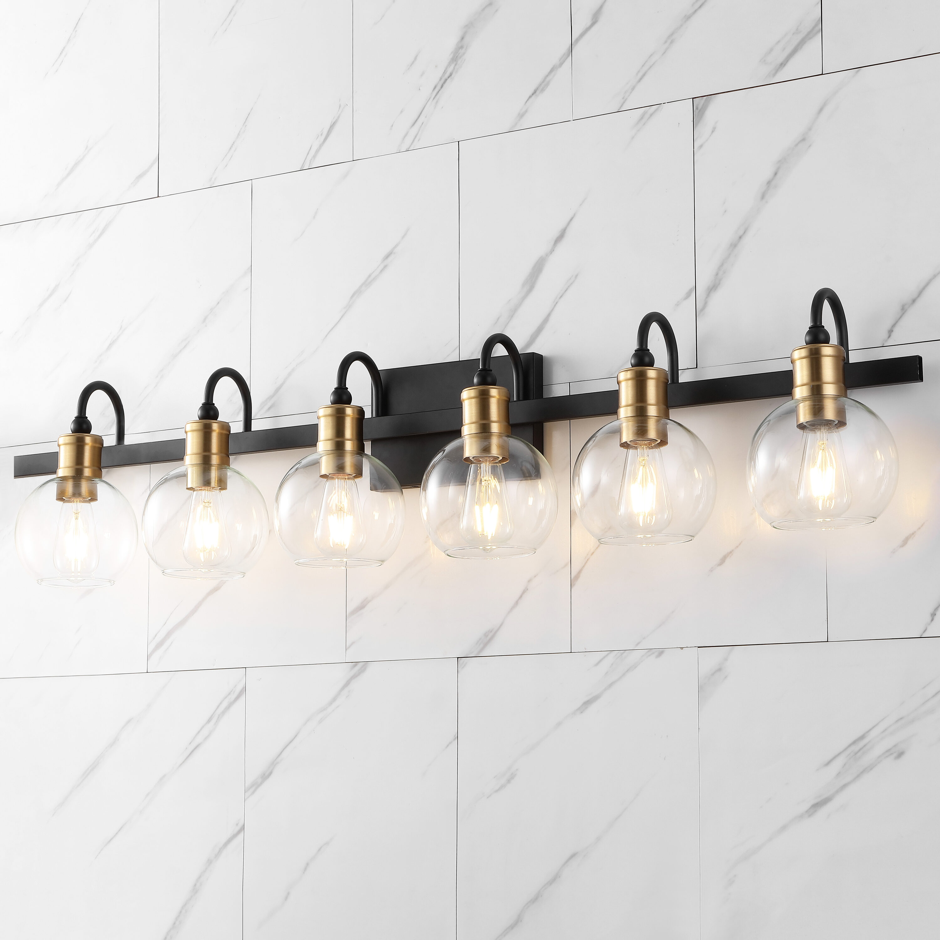 JONATHAN  Y JYL3557A Marais Iron/Glass Rustic Vintage Parisian 44.25-in 6 -Light Polished Black Farmhouse Vanity light