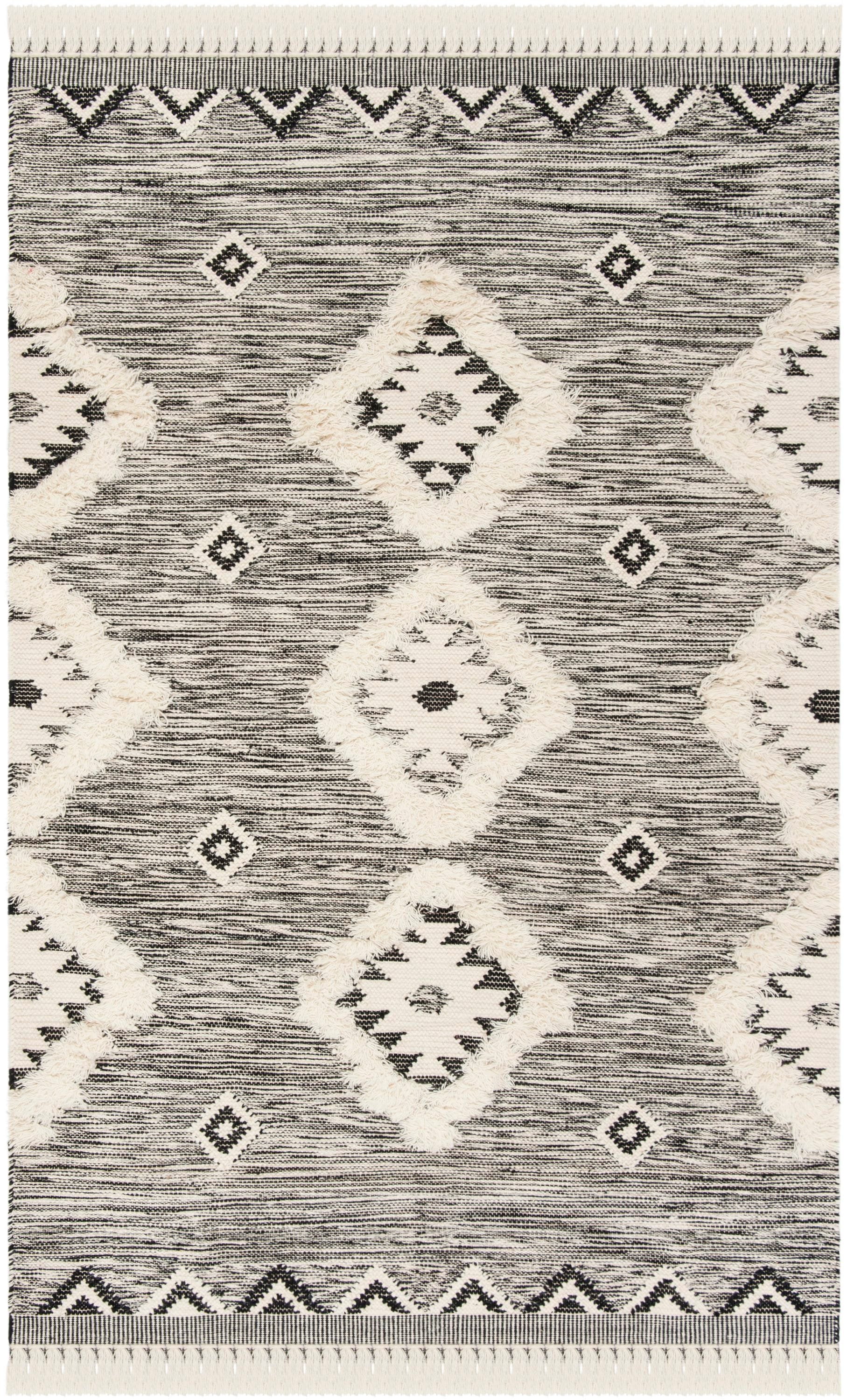 Hand-Knotted Black and Ivory Wool Geometric Area Rug